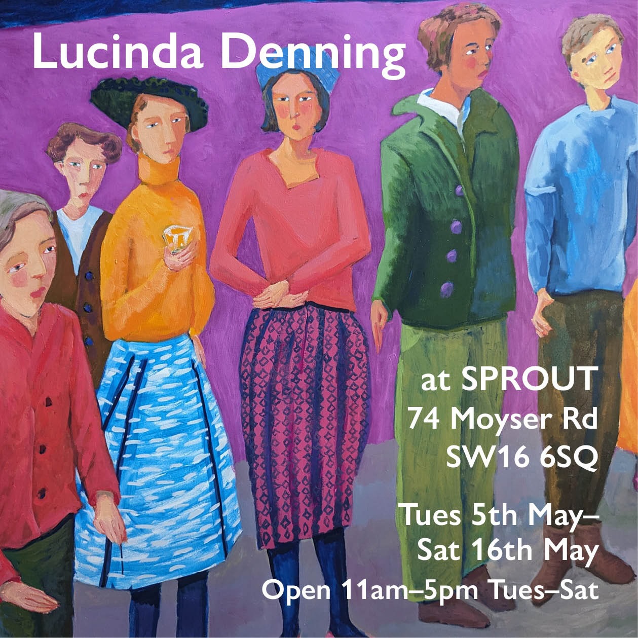 Tomorrow we’re delighted to welcome back Lucinda Denning with her new exhibition ‘Waiting’. Open Tuesday - Saturday 11-5, her private view is Tuesday 6-8pm, do drop in for a drink and a chat.
The exhibition showcases Lucinda’s recent work from the past 18 months, featuring a variety of mediums including oil paintings, linocuts, pen and ink, acrylic, and gouache. Her art focuses on colour, pattern, and storytelling, with particular attention to emotional expression conveyed through figures’ gestures and interactions, as well as smaller animal studies from London Zoo.
Lucinda, a London-based painter trained at Farnham College of Art and Chelsea College of Art, has worked professionally since 1984, exhibiting widely and teaching art across the city.
The exhibition also includes a brush painting workshop taking place on Thursday 7 May from 10am to 12pm. Email Sprout to book your place.
