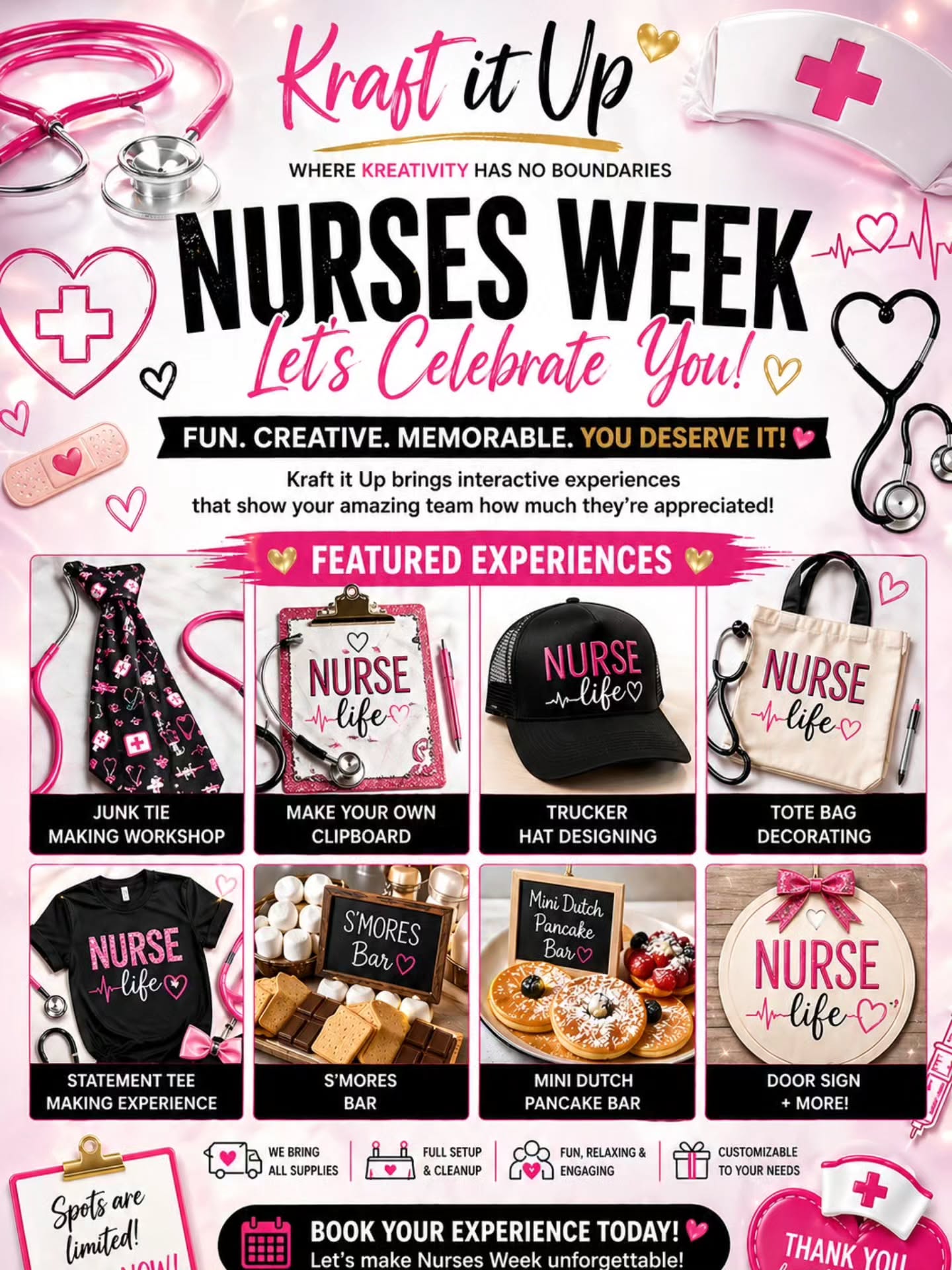 NURSES WEEK just got an upgrade 💕👩🏽⚕️
Celebrate your team with hands-on experiences they’ll actually enjoy:
✨ Statement Tee Making
✨ Tote Decorating
✨ S’mores Bar
✨ Mini Dutch Pancake Bar & more!
We bring everything. You just show up and celebrate your staff the right way.
📅 Spots are limited — book now!
📞 708-529-5090
🌐 www.kraftitup.biz
#NursesWeek #NurseLife #StaffAppreciation #HealthcareHeroes #ChicagoEvents