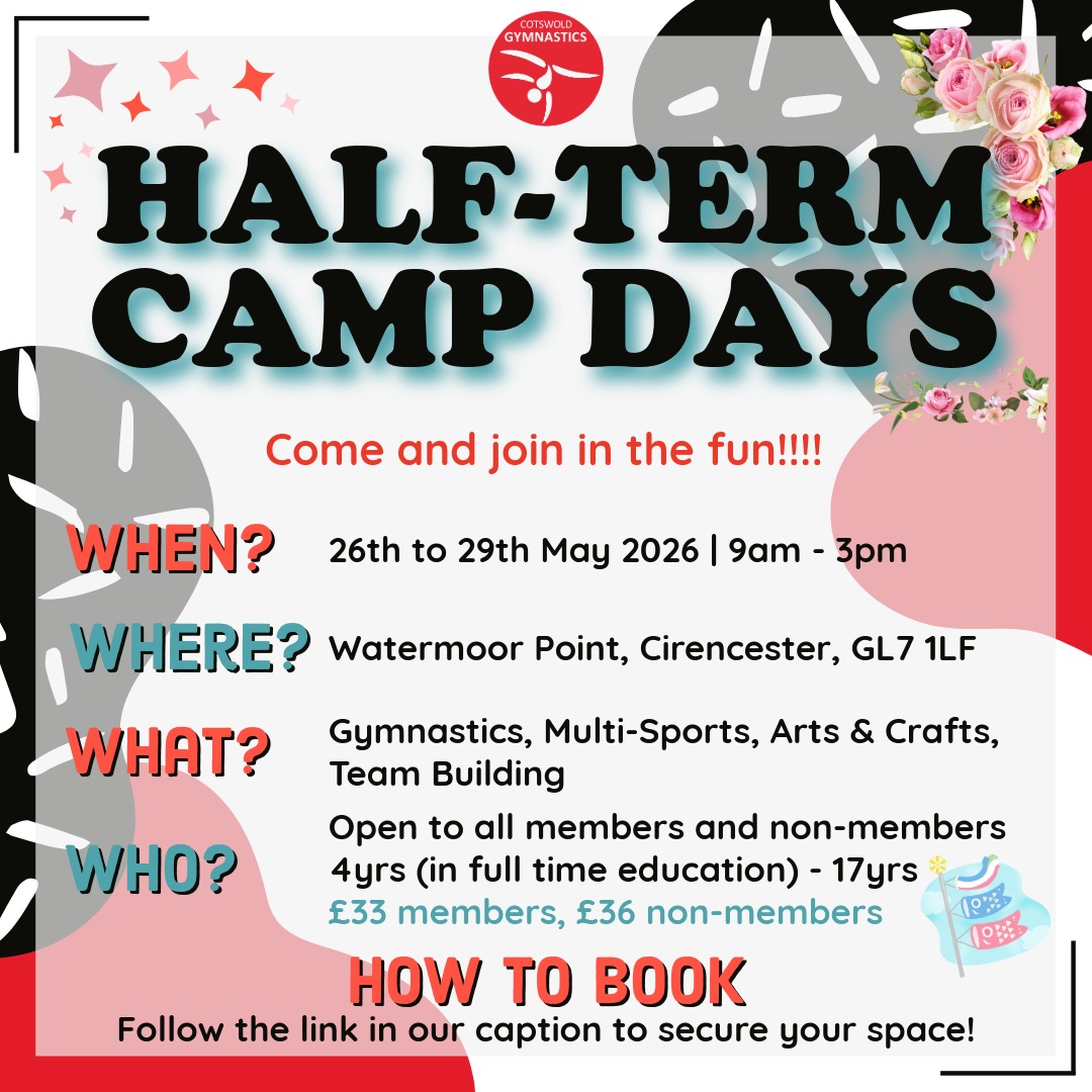 Our May day camps are now available to book for all our members and non-members....💫 Follow the link in our bio to secure your space.
If you have any questions, please do not hesitate to contact us! All details listed below 👇
📨admin@cotswoldgymnastics.co.uk
💻www.cotswoldgymnastics.co.uk