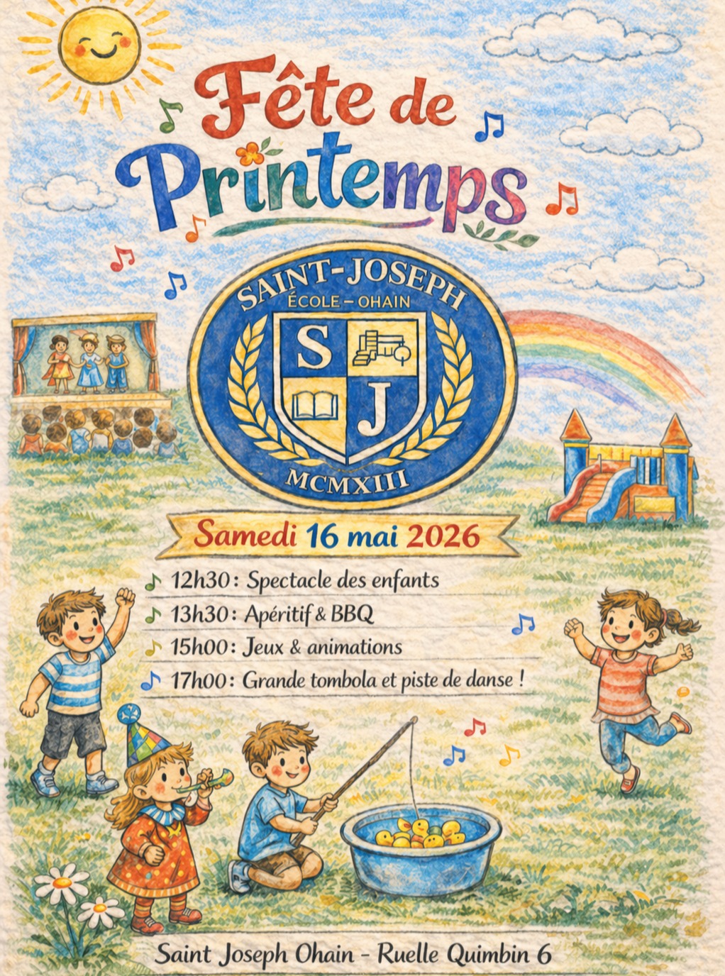 L’ambiance monte doucement à Saint-Joseph ! Les préparatifs avancent… et tout se met en place pour notre Fête du Printemps.
ATTENTION : petit changement d’horaire à noter ! Afin de permettre les répétitions de la profession de foi dans les meilleures conditions, le spectacle des enfants aura lieu à 12h30 au lieu de 11h00.
Nous avons hâte de partager avec vous ce beau moment :
🎤 les enfants sur scène
🔥 un BBQ convivial
🎟️ une tombola, des jeux et des surprises
💛 cette belle énergie d’école qui nous rassemble
Il est encore temps de vous inscrire !
🔗 RDV en story ou sur le site internet de l'école !
On vous attend nombreux pour ce moment simple, joyeux et précieux.
#feteduprintemps #fetedeprintemps #fancyfair #fetedelecole #ecoleprimaire #ecolematernelle #viescolaire #ecolesaintjosephohain #ecolesaintjoseph #ecolestjosephohain #ecolestjoseph #ecoleohain #ecolelasne #ecolesdubrabantwallon #vivrealasne #communedelasne #ohain #lasne