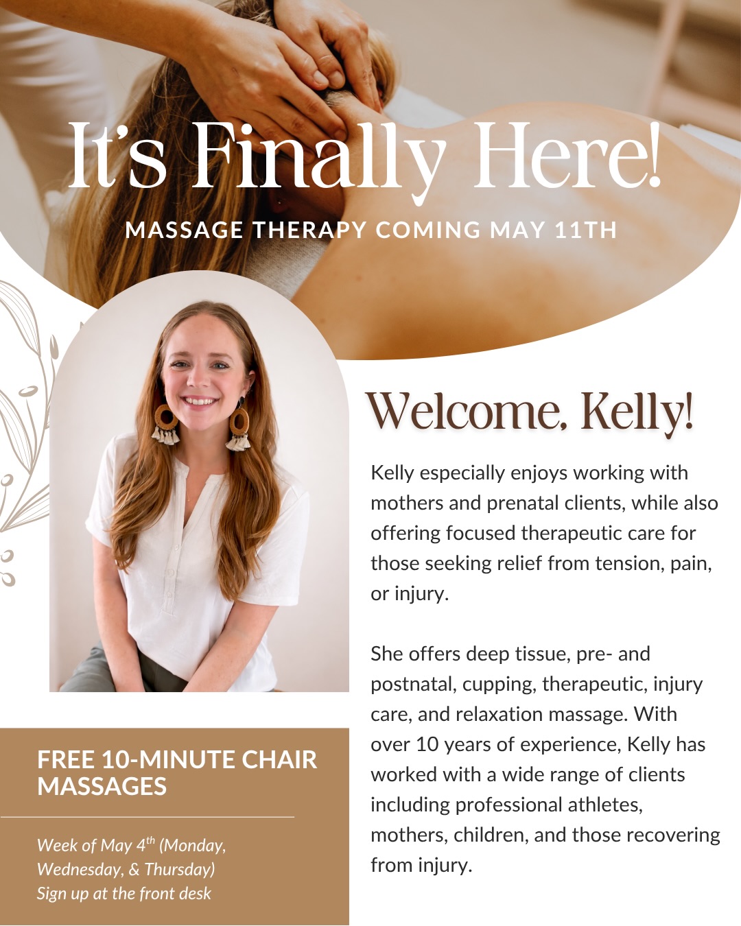 We’re thrilled to welcome Kelly, our new massage therapist, to the team 🤍 With over 10 years of experience, Kelly has worked with a wide range of clients including professional athletes, mothers, children, and those recovering from injury.
Beginning May 11th, massage therapy will be available at our office to support your nervous system, reduce tension, and compliment your chiropractic results.
Appointments are available in 30, 60, and 90 minute sessions, and active chiropractic members receive a discounted rate. 🙌👏
Learn more about Kelly and book your massage through the link in our bio!