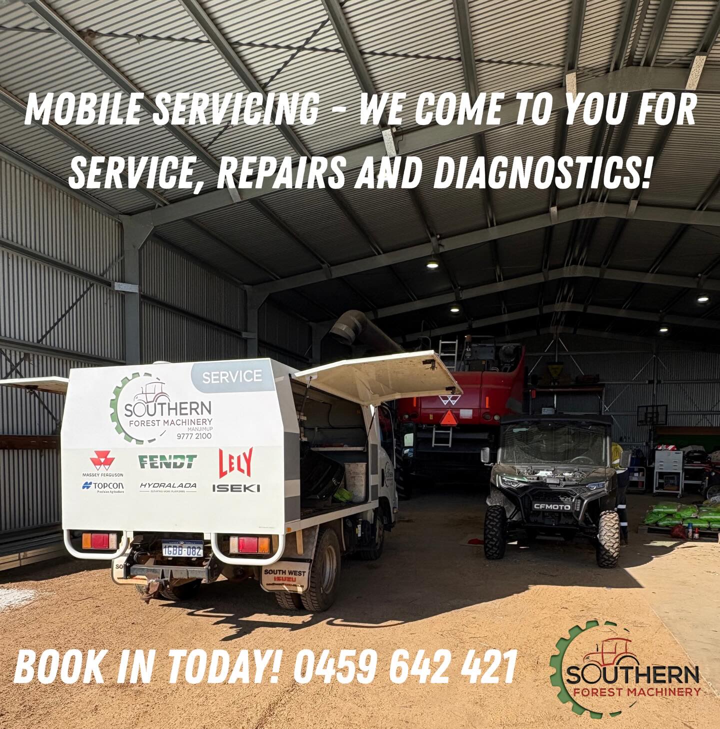 Keep your machines working as hard as you do!
At Southern Forest Machinery, our mobile servicing and repair team comes to you — minimising downtime and keeping your operation moving. We support a wide range of leading machinery brands, with expert technicians who know your equipment inside and out.
Our services include automotive electrics, guidance updates and calibration, air conditioner diagnostics, plus general servicing and repairs across all our brand offerings and more!
As farmers ourselves, we know the importance of aftersales support to keep your investment performing at its best day in and day out.
📍 On-site servicing
🔧 Fast, reliable repairs
🌿 Backed by trusted industry brands
Get in touch to keep your gear in top condition.
Book in mobile or workshop servicing now, call our service dept directly on 0459 642 421.
#agcoparts #genuineparts #service