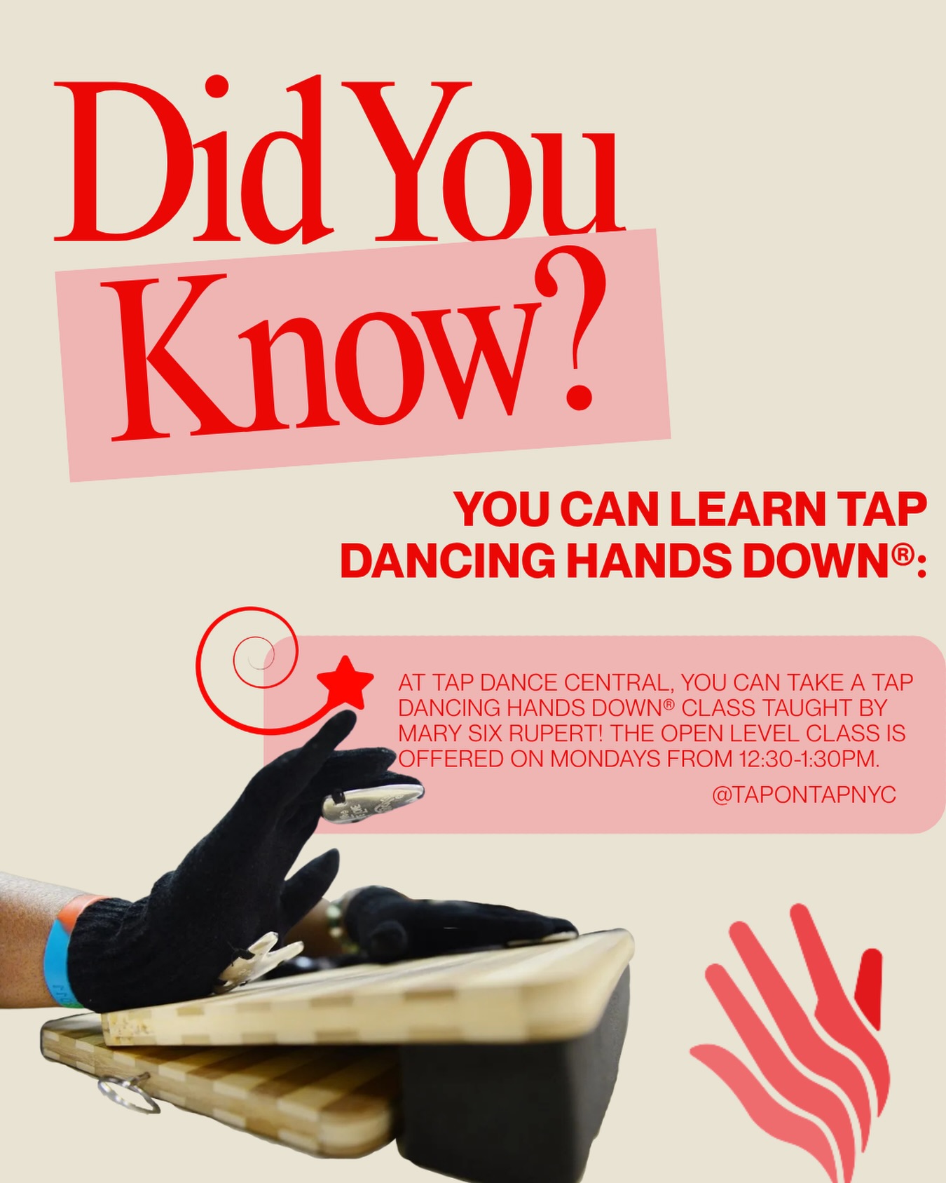 Always wanted to learn to tap with your hands?
You're not the only one. Come take class with Mary Six at @tapdancecentralinc on Mondays and learn the iconic Tap Dancing Hands Down® system!