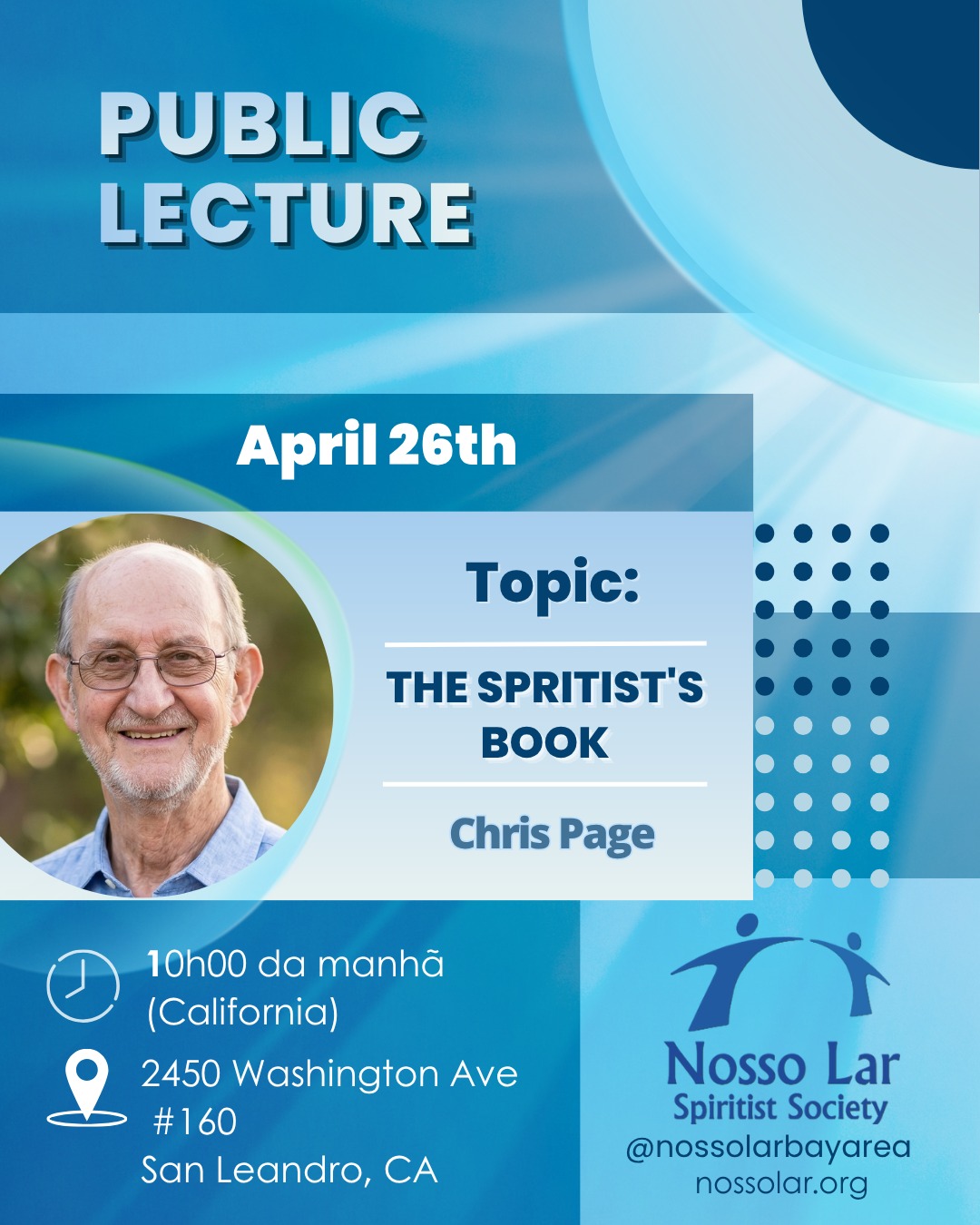 We'd love for you to join us this Sunday, April 26th, for our next public lecture! We'll be gathering at 10:00 AM (California time) at 2450 Washington Ave, Suite 160, San Leandro, CA.
Our good friend, Chris Page, will be our guest speaker, inviting us to reflect on "The Spiritists' Book. "
Bringing the kids? We've got you covered! There will be a dedicated children's space with fun evangelization activities.
Please arrive before 10:15 AM, as the front door will close at that time. If you arrive late, instructions for entry will be posted on the door. We can't wait to see you in person!
Sincerely, Nosso Lar