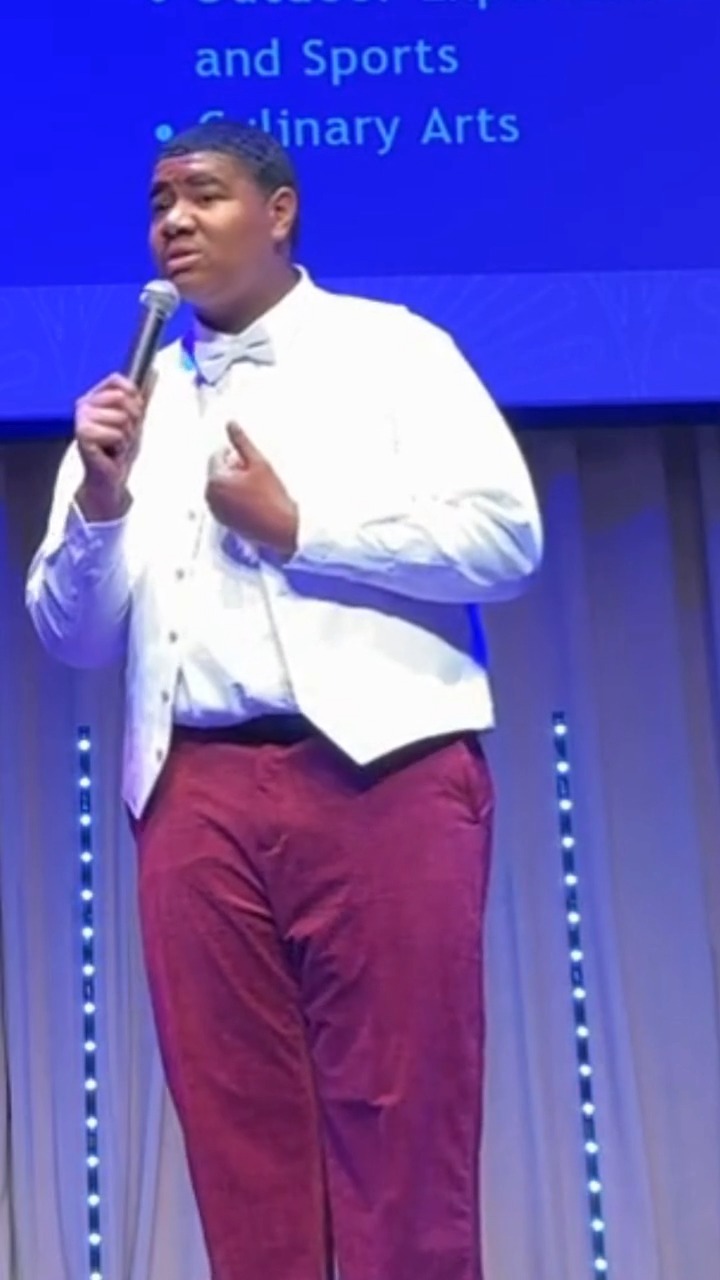 Peter Paul student, Nasir Arthur, an 8th grader at Franklin Military Academy, performs Langston Hughes's poem "Freedom" at the Hippodrome Theater during Purple with a Purpose: Harlem Nights on April 30, 2026.
