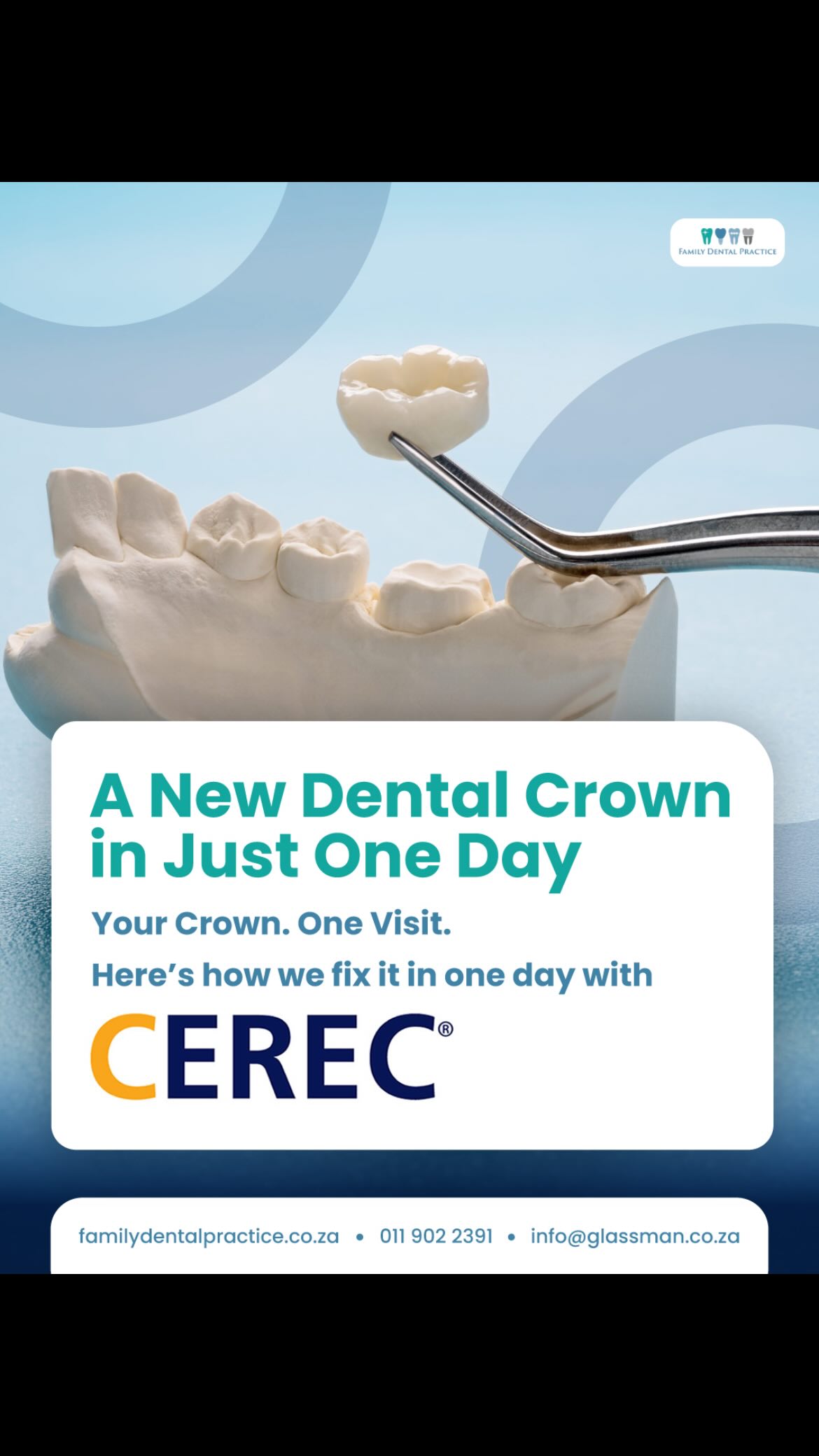 Did you know you can get a dental crown in just one day?
At Family Dental Practice, we use advanced CEREC technology to create high-quality crowns in a single visit. The process starts with a detailed 3D scan of your mouth and tooth. From there, your crown is digitally designed and sent to our milling machine, where it is carefully crafted right here in-house.
In a short space of time, your custom crown can be fitted, restoring your tooth without the need for multiple appointments or a temporary crown.
Modern dentistry, made faster and more convenient.
🌐 familydentalpractice.co.za
📞 011 902 2391 📧 info@glassman.co.za
#FamilyDentalPractice #CEREC #DentalCrown #SameDayCrown #OneVisitDentistry