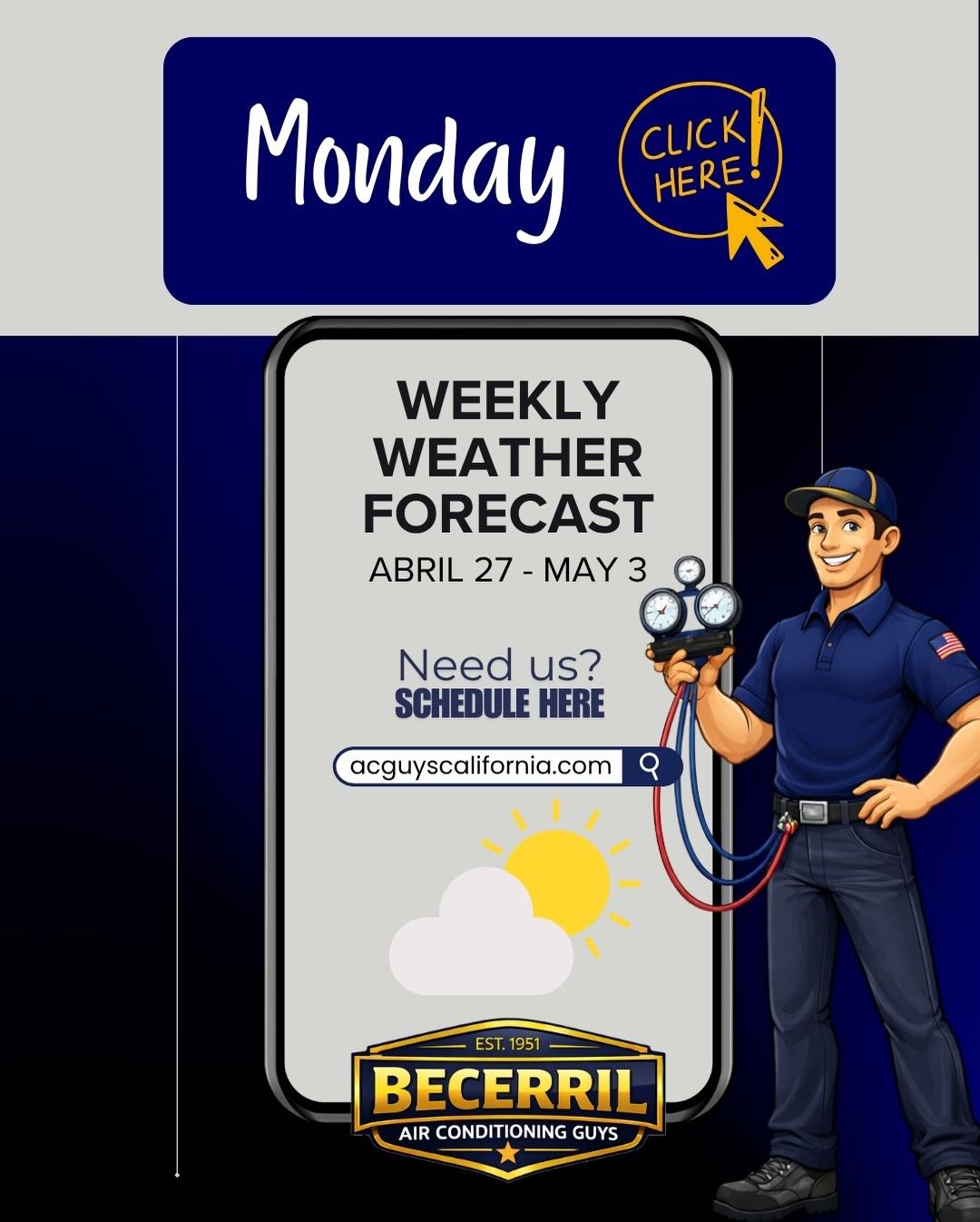 Weekly weather update! April 27 - May 3
Heading to May ☀️
Have you scheduled a preventative maintenance on your A/C ?
#airconditioningservice #airconditioninginstallation #airconditioningrepair #weatherreport