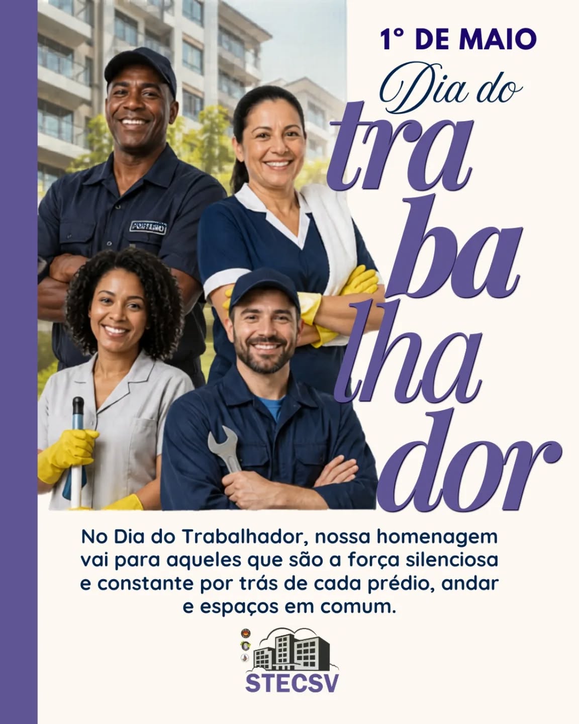 OS GUARDIÕES DOS NOSSOS LARES
No Dia do Trabalhador, nossa homenagem vai para aqueles que são a força silenciosa e constante por trás de cada prédio, andar e espaços em comum.
Somos zeladores, porteiros, faxineiros, técnicos de manutenção e todos os colaboradores que fazem dos edifícios e condomínios locais seguros, limpos e acolhedores.
Com dedicação, atenção aos detalhes e um atendimento sempre atencioso, vocês garantem que o dia a dia de tantas famílias transcorra com tranquilidade e ordem. Mais do que profissionais, vocês fazem parte da história e da convivência de cada morador.
Seu trabalho é essencial, seu esforço é admirável e sua presença faz toda a diferença!
Que venham muitos dias de reconhecimento, saúde e sucesso!
Feliz 1° de Maio, Trabalhador!
Justa homenagem da Diretoria do STECSV