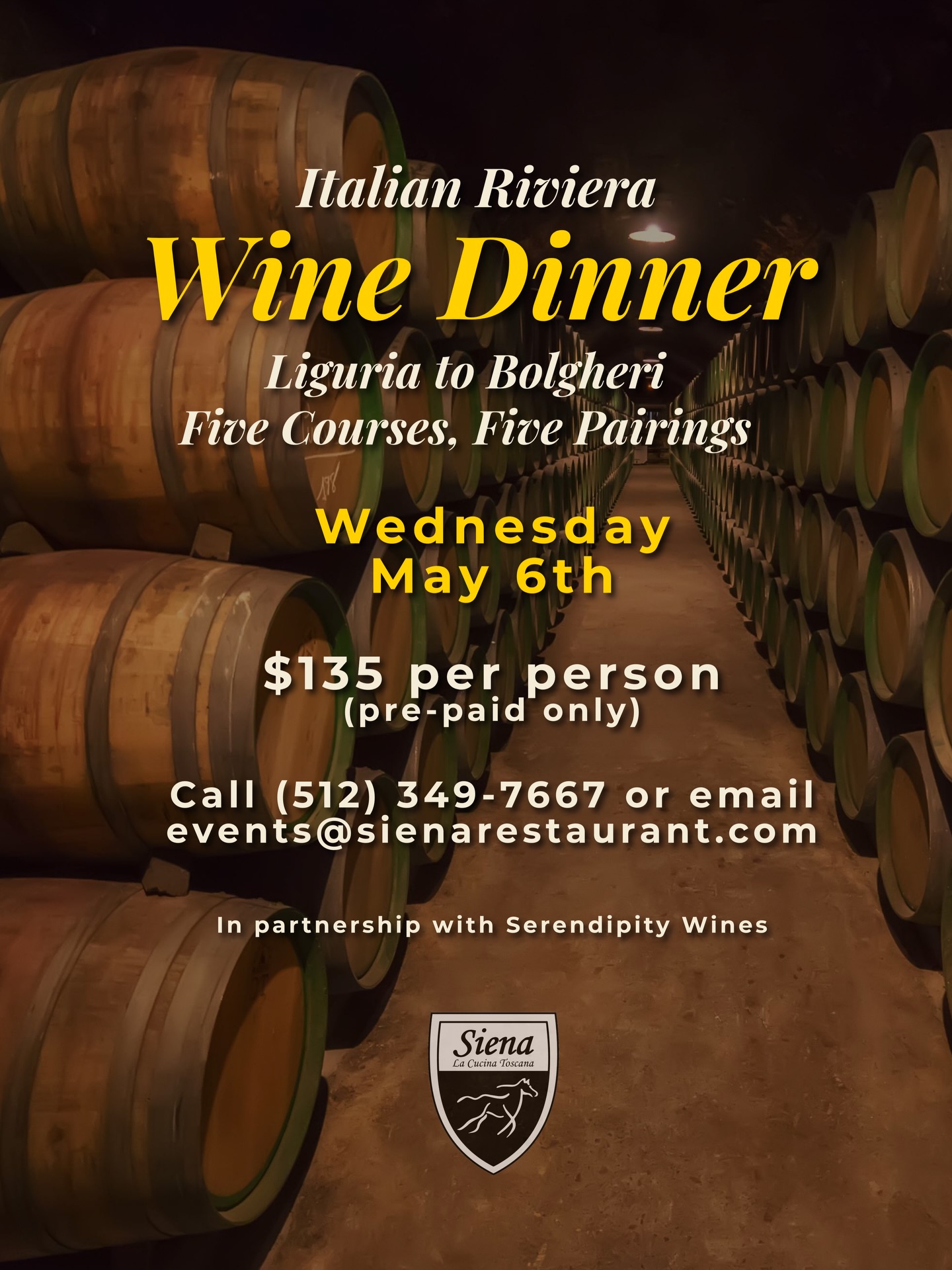 The Italian Riviera Wine Dinner is on the calendar — Wednesday, May 6, 6:30 PM, $135 per person.
Five courses, five pairings. The wines travel from the Ligurian coast down through Bolgheri — the Tuscan appellation that put Sassicaia and Ornellaia on the map. @serendipitywines host Clint Carter leads the pairings alongside Chef David Hernandez’s menu, which includes a beef short rib braise paired with Foglia Tonda — a nearly extinct Tuscan grape variety being brought back by a handful of producers.
If you follow Italian food in Austin and take your wine seriously, this is worth your time on a Wednesday night.
Prepaid reservations by phone or email only. Seating is limited.
📞 (512) 349-7667 | events@sienarestaurant.com
📍 6203 N Capital of Texas Hwy, Austin, TX 78731
#SienaAustin #ItalianFoodAustin #AustinItalian #TuscanCuisineATX