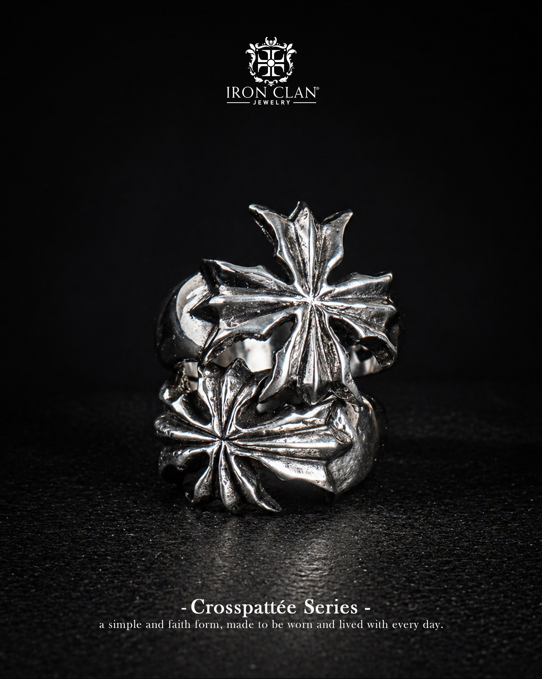 Crosspattée Series of Iron Clan Jewelry works.
Inspired by the cross once worn by knights of the Templar order, a mark carried through battle and belief, now reworked in silver to carry that same sense of purpose into the present. Now you can carry this cross everyday on your finger.
__
Available now at ironclan.co
#IronclanJewelry #HandmadeJewelry
#925Silver #Gothicjewelry