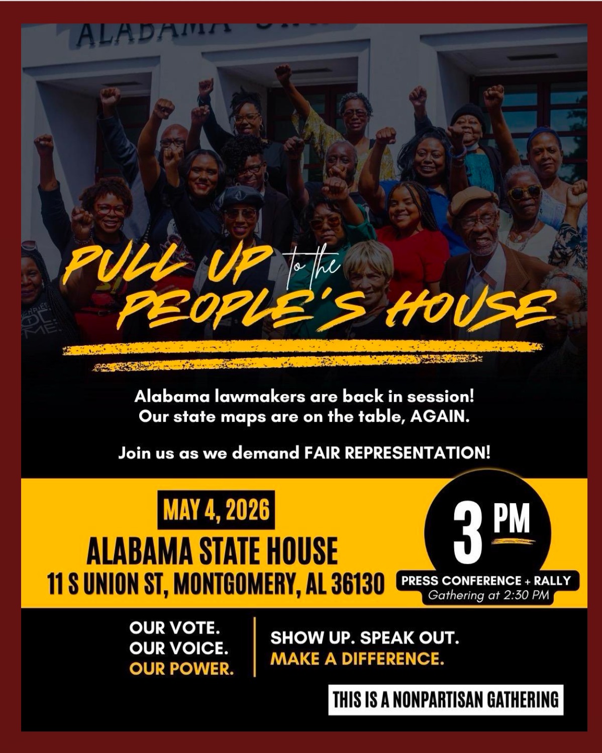 May 4, 2026
#ourvoiceourvote
https://actionnetwork.org/events/pull-up-to-the-peoples-house/?fbclid=IwY2xjawRknd5leHRuA2FlbQIxMABicmlkETFIODBHRkd3aGhRQWpIbWppc3J0YwZhcHBfaWQQMjIyMDM5MTc4ODIwMDg5MgABHtpBAmwqC-pCEEUbOufrtmFydGYTHgYD8h89NvtYcQRUxv5FcrdRIJyO6BxT_aem_ZmFrZWR1bW15MTZieXRlcw