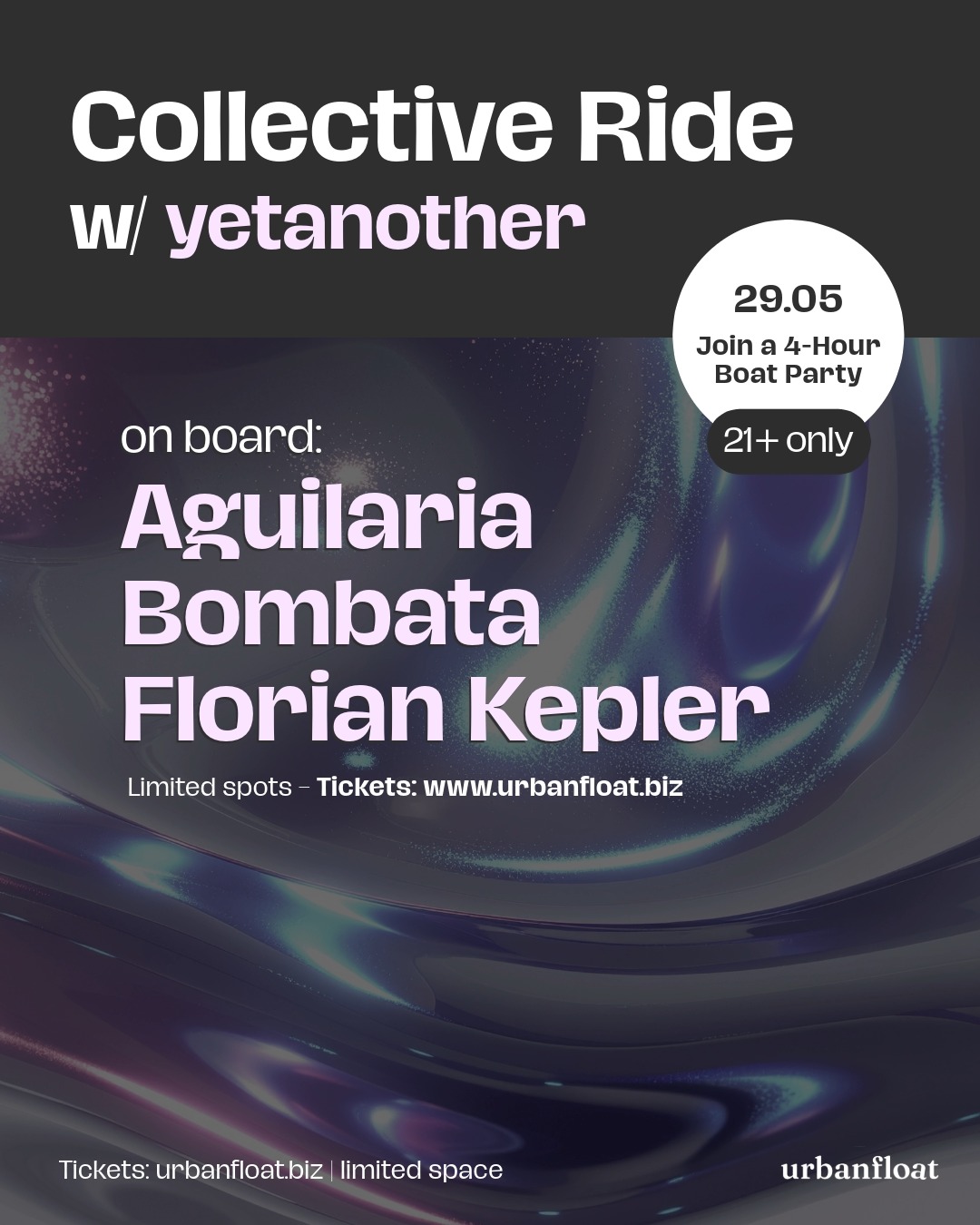 Collective Ride | 29.05 gehts mit @yetanotherberlin gemeinsam aufs Boot! Ein toller Freitag von 18-22 Uhr! Freuen uns auf eine tolle Session auf der @paco_calito mit @aguilariamusic @bennybombata und @floriankepler_ !!!
Gibt nicht mehr viele Spots! Tickets auf urbanfloat.biz