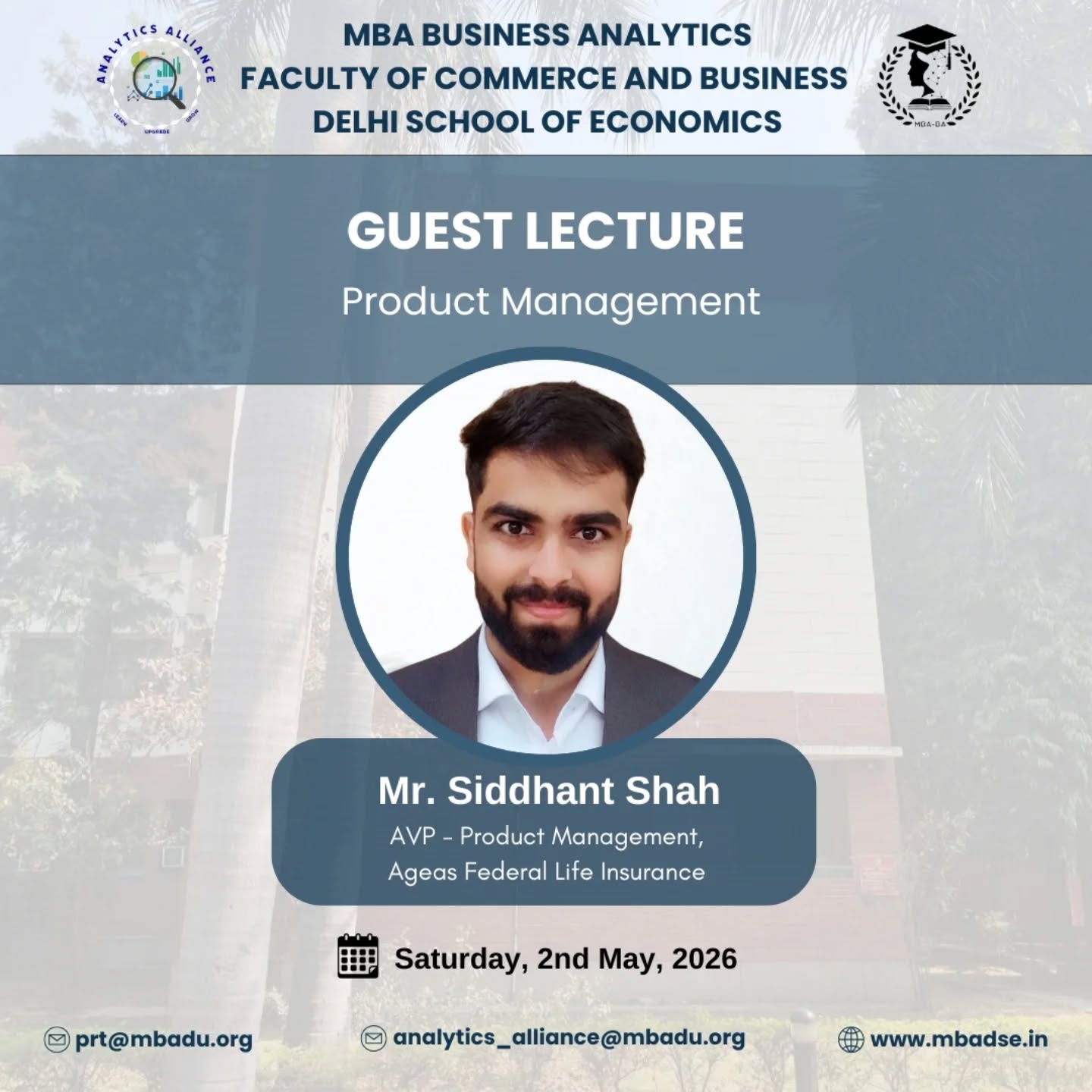 In today’s data-driven business landscape, understanding how products are built, scaled, and managed is becoming an essential skill for aspiring professionals.
Mr. Siddhant Shah, AVP - Product Management at Ageas Federal Life Insurance, brings a wealth of industry experience and a multidisciplinary background. An MBA graduate from IIM Trichy and an LLB from GLC Mumbai, he combines business strategy with legal insights to navigate the complexities of product ecosystems, making him well-equipped to guide students on the realities of product management.
Analytics Alliance is delighted to present a Guest Lecture on Product Management, designed to offer students a closer look into one of the most dynamic and evolving career paths.
Through this session, he will share practical insights into product management, explore career opportunities in the field, and discuss its growing relevance in an analytics-driven world.
• Date: Saturday, 2nd May 2026
• Mode: Online
• Time: 1:45 PM to 4:00 PM
We invite all students to join this engaging session and gain valuable perspectives on building a career in product management.
#ProductManagement #GuestLecture #AnalyticsAlliance #CareerInsights #BusinessAnalytics