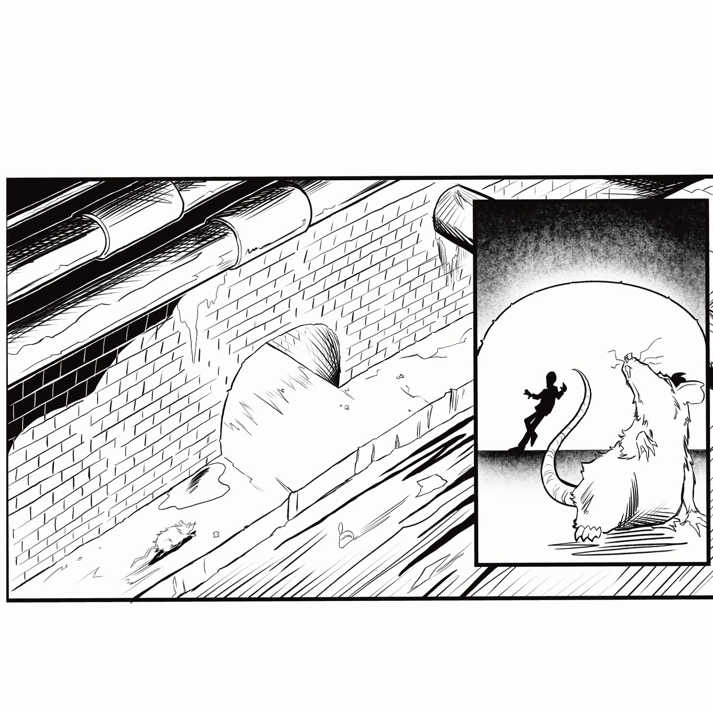 Hey look it’s an establishing shot! That lets the reader know where the action is taking place. And here we are… Underground. In the sewer.
Cuz sometimes (and I mean most of the time), you gotta draw backgrounds.
#TheBolt #CamdenSuperhero #TheRatIsBack
#CreatorOwned #CamdensComics