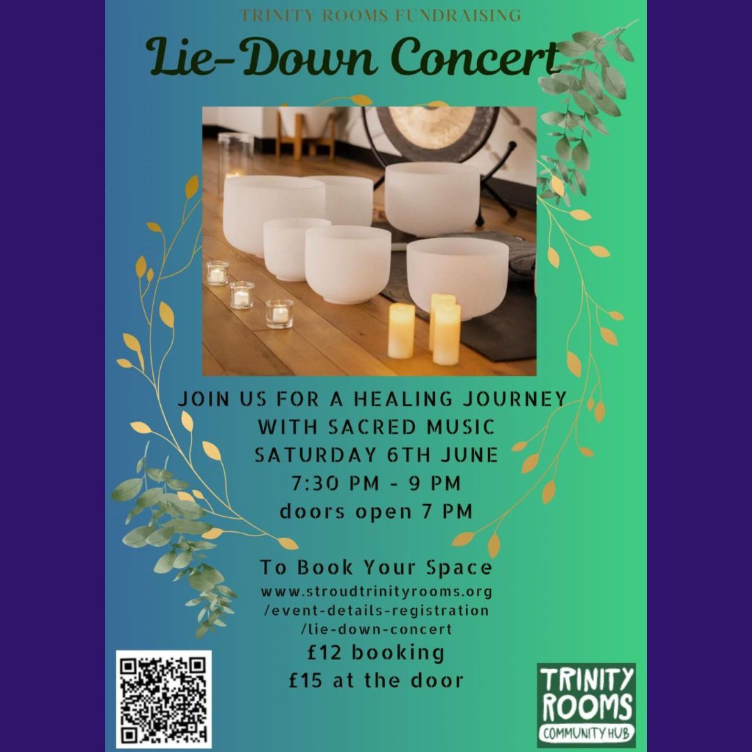 Saturday 6th June 2026 come to our Trinity Rooms Community Hub for an evening rest in Stroud and bathe in a soundscape of crystal singing bowls, guided meditation, poetry, song, rhythmic drum and gong.
This reflective and restorative space invites you to slow down, breath deeply release tension and reconnect with yourself. Let the waves of sound guide you inward leaving you calm, centred and grounded.
More Info and Tickets Available at the link below:
www.stroudtrinityrooms.org/event-details-registration/lie-down-concert
#Stroud #Events #Music #Concert #Mindful #Spiritual #Healing #Wellbeing #Health #Zen #Gloucestershire