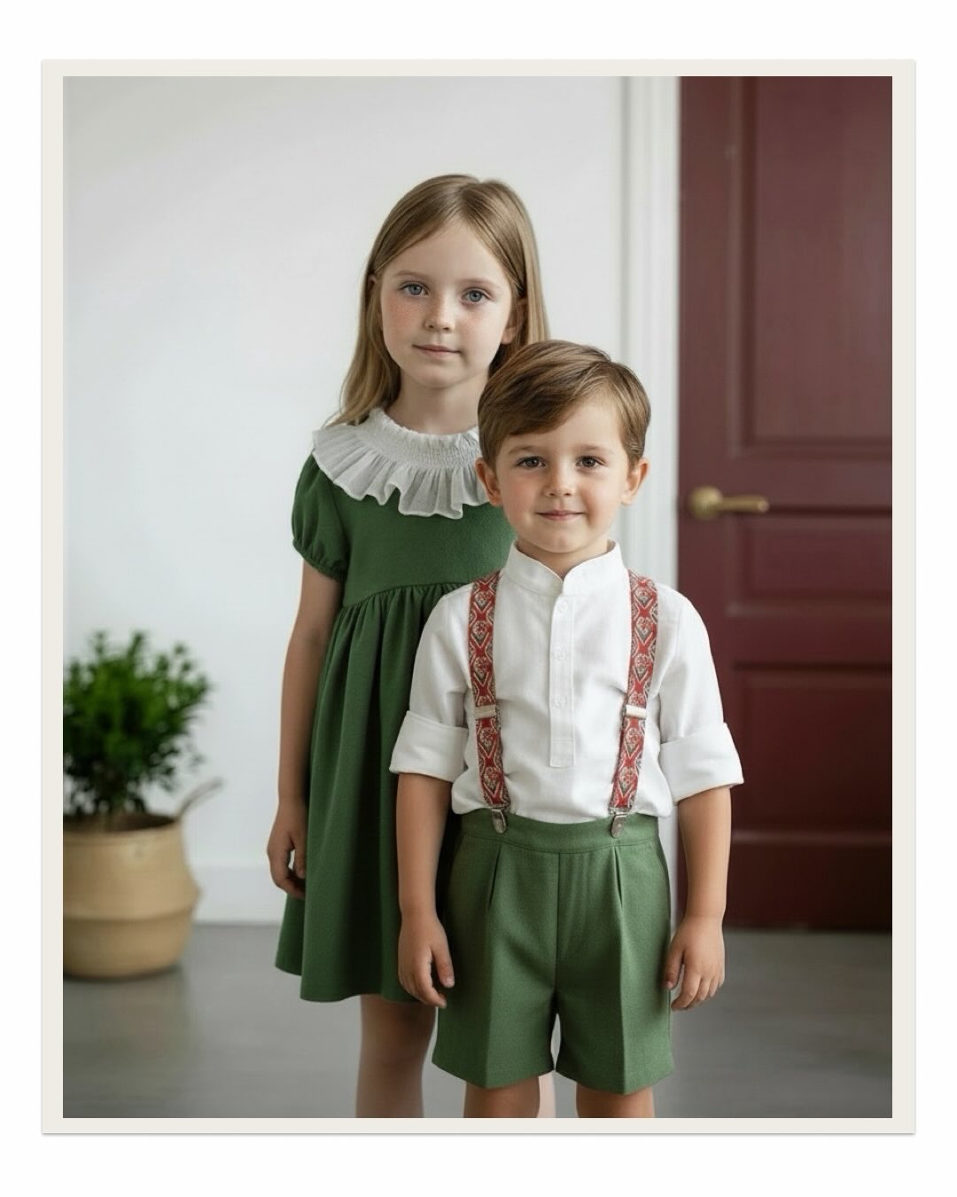 Empezamos la semana con otra idea para combinar a los niños para esos días especiales. La niña lleva puesto el modelo Rafaela, esta vez confeccionado en Lino verde árbol y el niño va combinado en los mismos tonos.