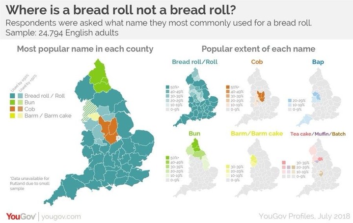 #MapMonday On this day in 332, Roman Emperor Constantine the Great introduced daily bread rations in Constantinople. So we thought weād share this map from YouGov showing where the different terms for a bread roll are most popularā¦
Itās the āyeastā we could do - sorry!!
https://yougov.com/en-gb/articles/21204-cobs-buns-baps-or-barm-cakes-what-do-people-call-b