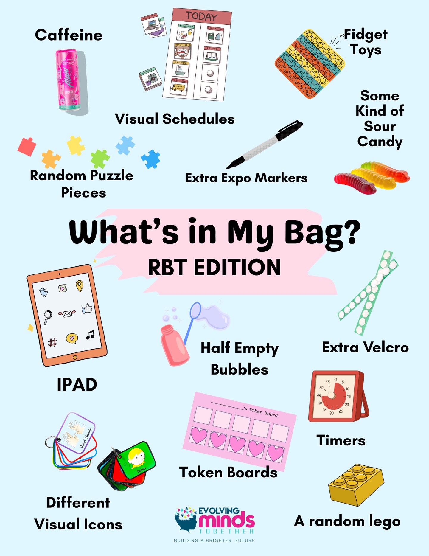 What’s in an RBT bag? 👀💙
A little organization, a lot of creativity, and somehow… one completely random item we didn’t know we needed until today 😅
From visuals and token boards to timers, bubbles, and mystery puzzle pieces! We come prepared for learning, fun, and whatever the day brings ✨
💬 Ever wondered how tools like these help support your child’s learning and progress? Send us a message, we’re happy to walk you through it.
#RBTLife #ABATherapy #ABAHumor #TherapistLife #EvolvingMindsTogether