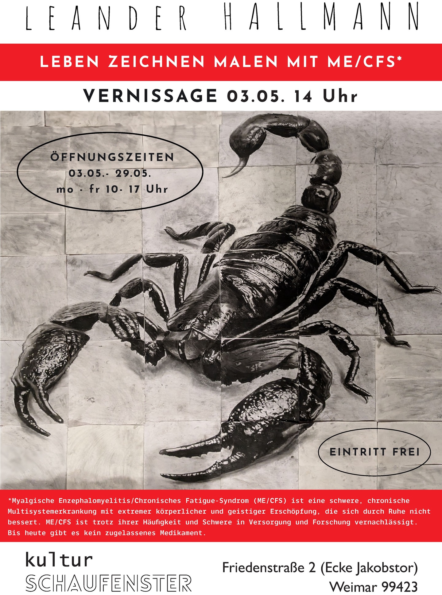 ✨KulturSCHAUFENSTER präsentiert eine Serie von Zeichnungen, die in den vergangenen Monaten von jungen Künstler Leander Hallmann unter außergewöhnlichen Bedingungen entstanden sind. In Kohle und Grafit gehalten, bewegen sich seine Arbeiten zwischen Fragilität und Widerstandskraft und werfen Fragen nach Sichtbarkeit und gesellschaftlicher Verantwortung auf. Hallmann lebt mit der neuroimmunologischen Erkrankung Myalgische Enzephalomyelitis/Chronisches Fatigue-Syndrom (ME/CFS), die seine Arbeitsweise maßgeblich prägt.
Hallmann lebt und arbeitet in Weimar. Nach frühen Jahren im Leistungssport entwickelte er unter veränderten Lebensumständen eine konzentrierte künstlerische Praxis. Seine Arbeiten reichen von Tierdarstellungen bis hin zu großformatigen Porträts, die durch eine intensive Auseinandersetzung mit Detail und Ausdruck geprägt sind.
Wir laden euch herzlich zur Ausstellung ein – kommt vorbei 🎉