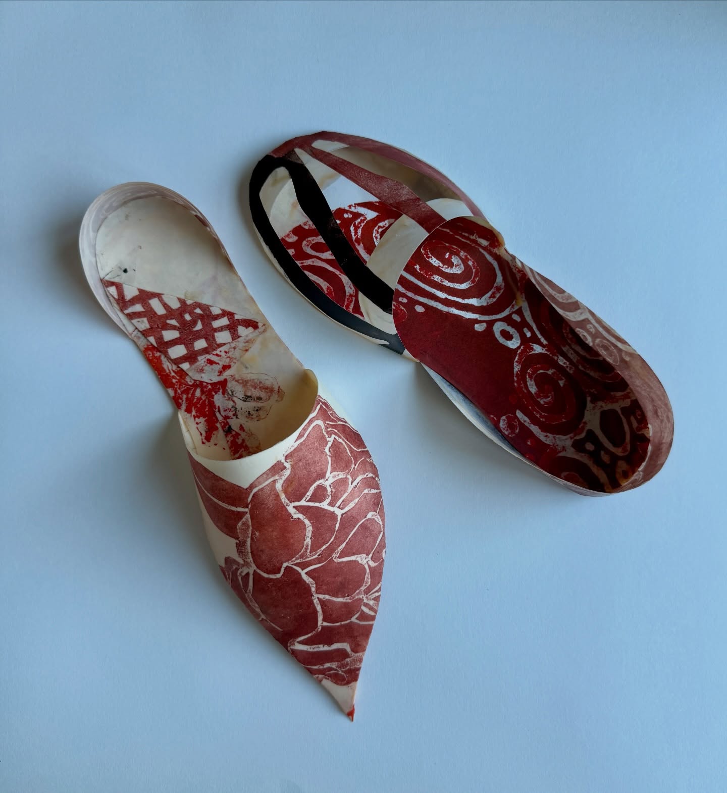 2 more slippers; handmade pieces, paper, sealed with beeswax, exploring my preoccupation with the evidence of human presence #happenstance #beeswax #recycledmaterials♻️ #handmade #slippers