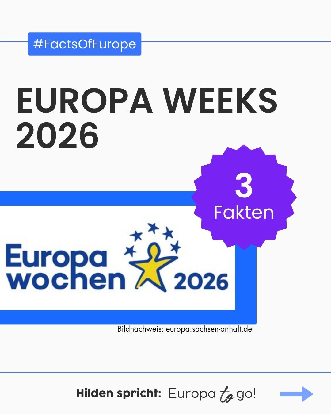 Die Europe Weeks 2026 stehen an 🇪🇺
Hier sind 3 Fakten & ein Event für euch in Hilden
“Hilden spricht: Europa to go“ wird von der Landesinitiative Europa-Schecks des Ministers für Bundes- und Europaangelegenheiten, Internationales sowie Medien und Chef der Staatskanzlei des Landes Nordrhein-Westfalen unterstützt. Im Auftrag der Europaunion Haan und in Kooperation mit der VHS Hilden-Haan.
#HildenSpricht #Hilden #EU #Europa #Demokratie #EuropaToGo # Beteiligung #FactsOfEurope