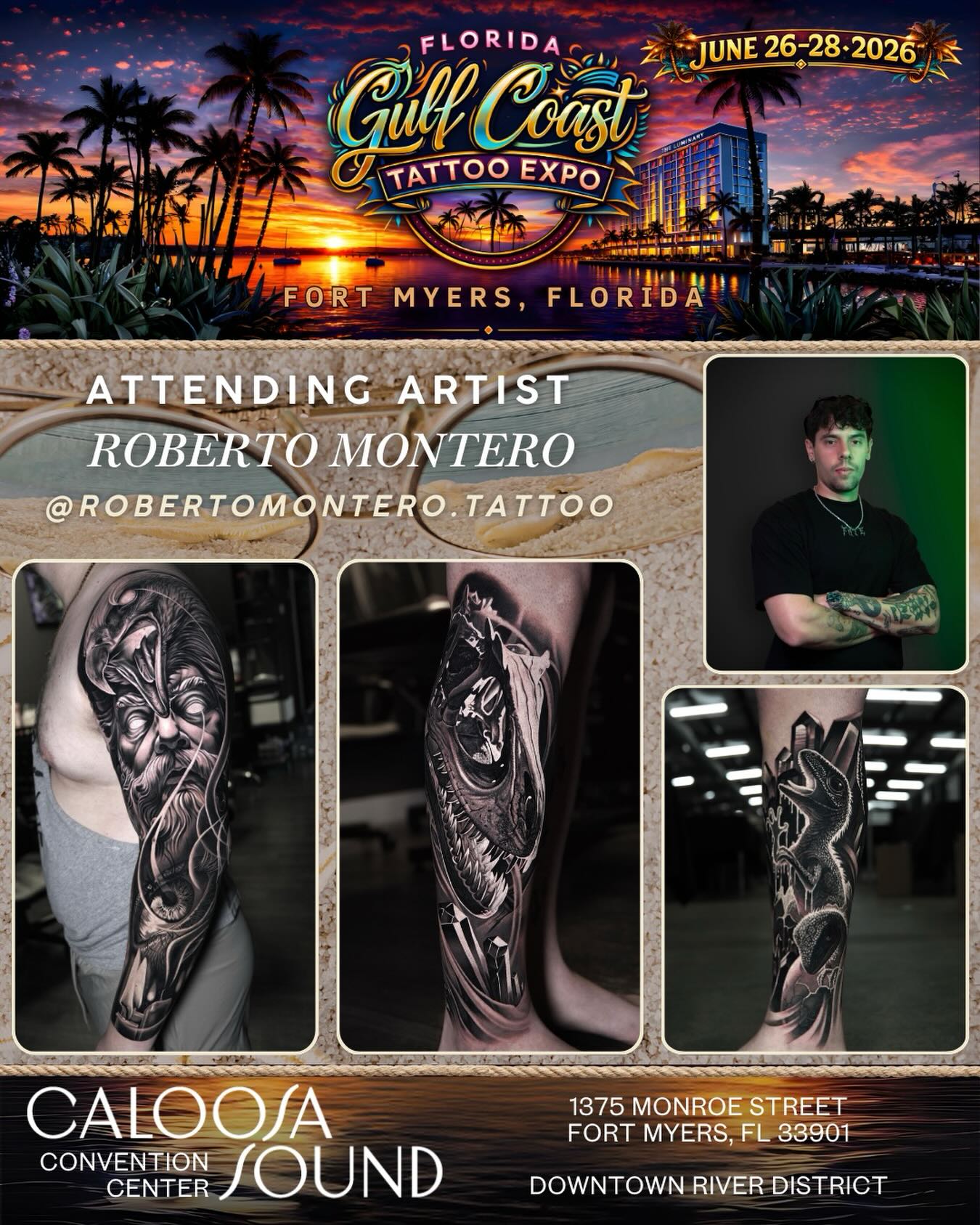 Please help us welcome @robertomontero.tattoo to the 2026 @floridagctattooexpo, to be held June 26-28 at the Caloosa Sound Convention Center in the Historic River District of Downtown Ft. Myers, Florida!
✉️ Please DM @robertomontero.tattoo for all inquiries about walk-ups and/or appts at the show!
🚨 Over 200 tattoo artists
🚨 Dozens of retail/art/merch & supply vendors
🚨 SWFL’s LARGEST TATTOO CONTEST… judged by Yallzee, Alwin Perez & TattooCasper
🚨 MC Joey Tattoo
🚨 Live music by Smack Daddy: and
🚨 Live sculpting and horror play by the famous Wayne Anderson Designs and his SWFL Haunted Attraction: Legends of Oblivion (hauntedswfl on IG)
🚨 Amazing Food & Libations
🏆🏆 We separate healed and fresh tattoo contests at this show! Healed categories are open!!! Like your piece? Enter it. Artists not tattooing at the show? Cool - send or bring your client!
Kids 12 and under are free, however parental discretion is advised due to language, risqué shows, and possible nudity.
🎟️ Tickets can be purchased on our website. Link in the bio.
⏰Hours: 11am-11pm Friday & Saturday 11am-7pm Sunday
🏨Also, if you would like to Stay & Play for a night or two, the Luminary has extended us an even better group rate starting at $189/night, which is a steal for this normally $350-$600 per night hotel! Reservations can only be made on our website www.floridagctattooexpo.com/hotel
#floridagctattooexpo #swfl #fortmyers #capecoral #tattooed