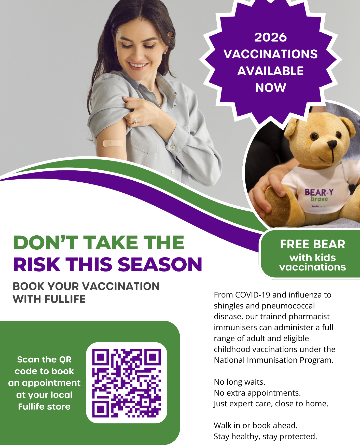 Don't take the risk this season!
Book your vaccination with Fullife - online or in store.
