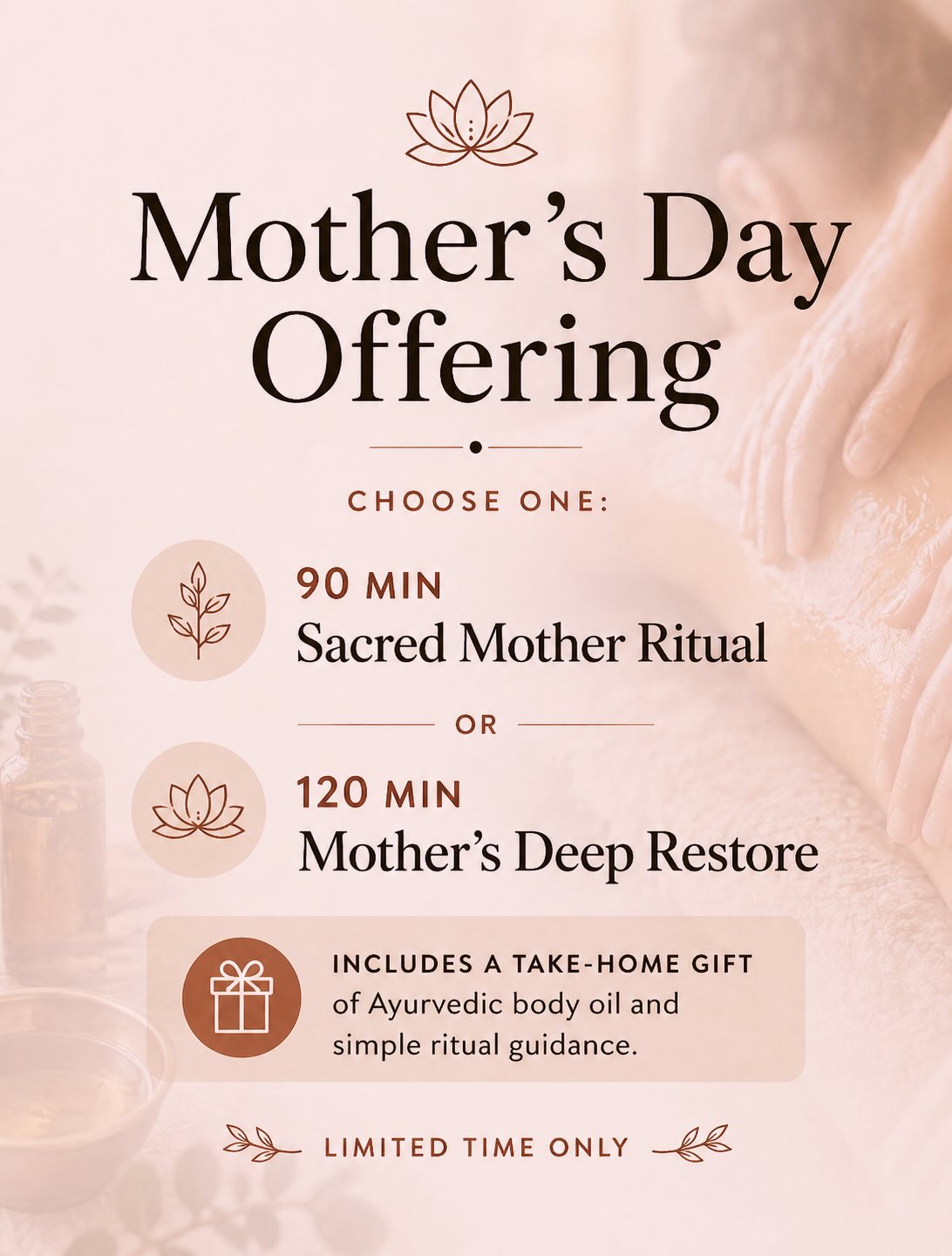🌷 This Mother’s Day, give yourself the space to slow down..
Two Ayurvedic bodywork experiences are available, each designed to support rest, grounding, and deeper nourishment.
Choose between a 90 min Sacred Mother Ritual or a 120 min Mother’s Deep Restore, depending on what your body is needing.
✨ Each session includes a take-home Ayurvedic body oil gift and simple ritual guidance so the support can continue beyond the treatment.
A beautiful option for yourself or to gift to someone who could use a little extra care.
🌷Available for a limited time
👉 Book through the link in bio
#ayurveda #ayurvedicbodywork #mothersdaygift #happymothersday❤️ #mothersday