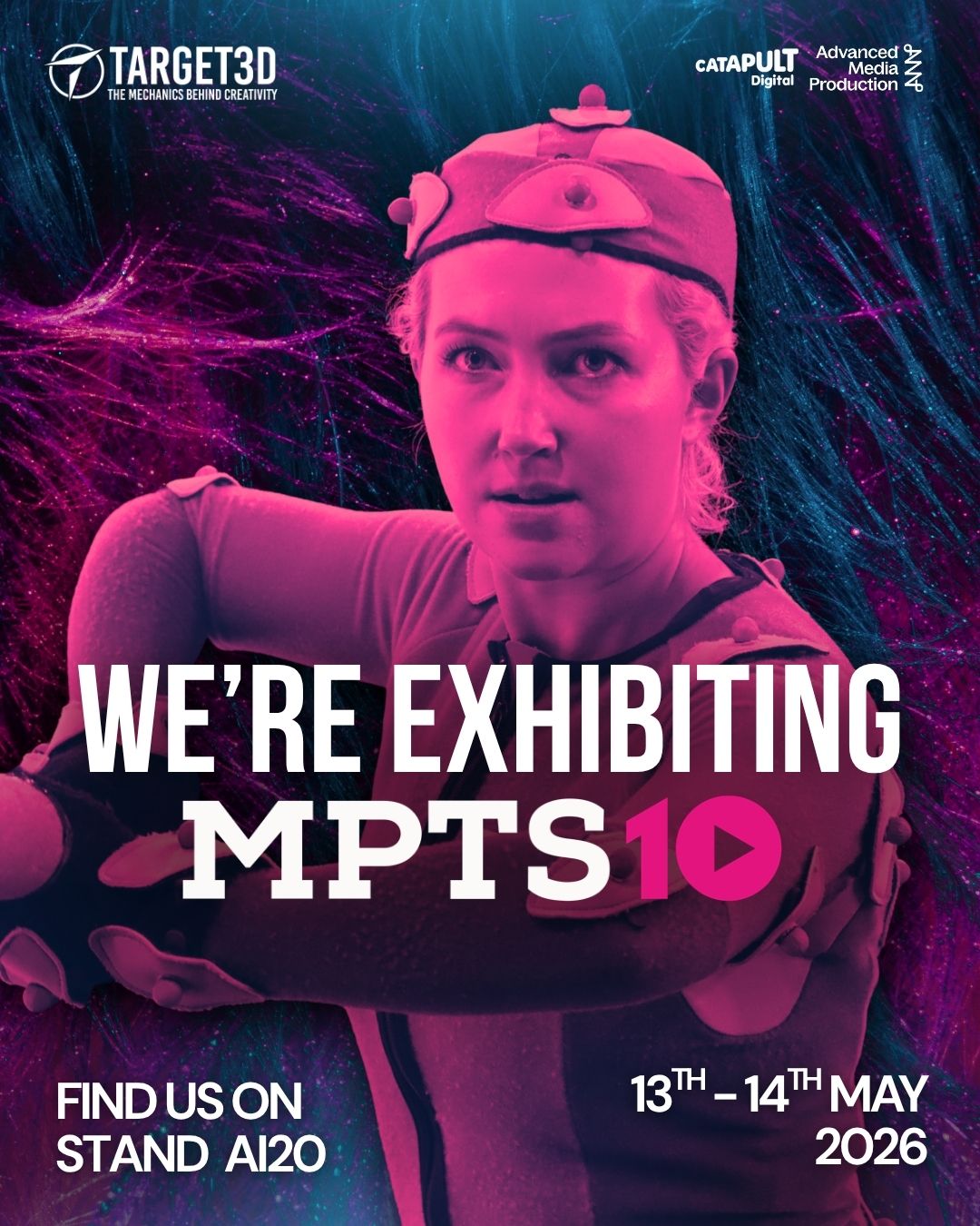 The biggest media show of the year is here - @mpts_london 2026 - and we’re excited to be exhibiting!
You can find Target3D and Digital Catapult on stand AI20 in the AI Zone, next to the brand new upstairs Pub Garden.
Visit our stand and see @optitrack’s Duplex Mode with AI-driven markerless motion capture, a stereoscopic display from Schneider Digital, and @sony’s Spatial Reality Display, all showing content in real time!
We’re looking forward to seeing you there.
Date: 13-14 May 2026
Venue: The Grand Hall, Olympia, London
Stand: AI20
#mocap #motioncapture #markerless #markerlessmocap #immersivetech #MPTS #Target3D
