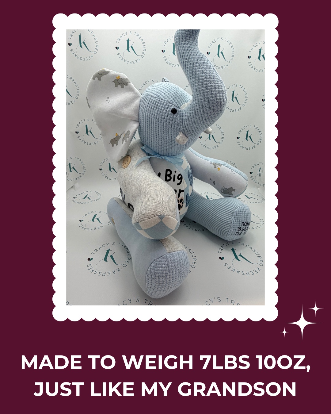 When Julie asked me to create a weighted elephant from her grandson's baby clothes, weighted to 7lbs 10oz, I knew we'd craft something truly special.
Weighted keepsakes recreate that precious feeling of holding a baby for the first time, and that perfect weight you never forget. Made from his first clothes, this elephant captures those fleeting early days when he was tiny and new.
I hope this brings Julie joy and preserves those precious memories of her grandson's early days.
#TracysTreasuredKeepsakes #SmallBusinessUK #PersonalisedKeepsakes #HertsCustomKeepsakes #HandmadeGiftsUK