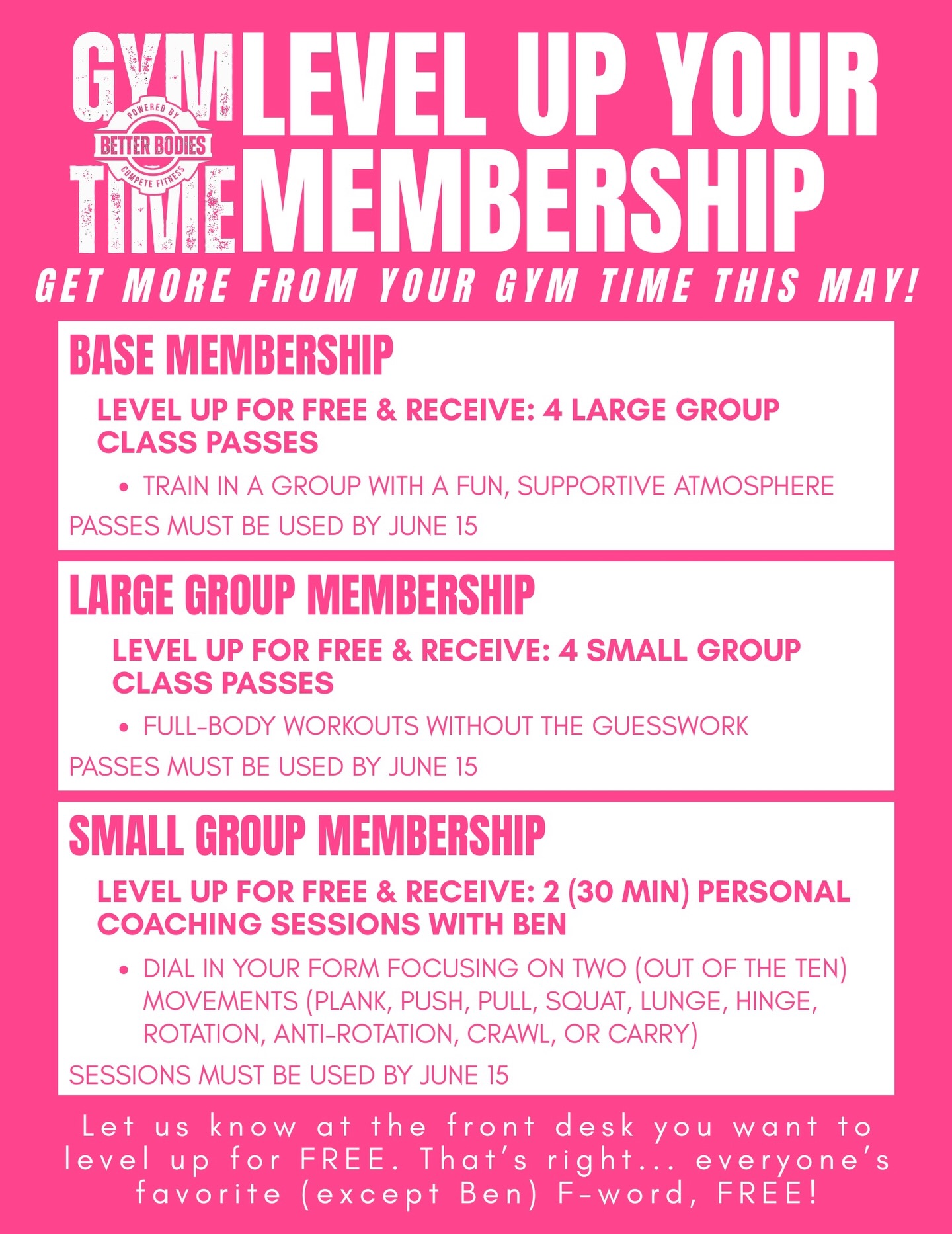 âWait⊠I can get MORE out of my membership for FREE?â đ
Yeah⊠you can.
This May, itâs all about leveling up your Gym Time â without paying extra. Whether you want to try classes, get guidance, or finally feel confident walking into the gym⊠this is your sign.
Currently on a...
âïž Base Membership â try large group classes
âïž Large Group Membership â test out small group training
âïž Small Group Membership â get 1-on-1 coaching with Ben
No guesswork. No pressure. Just more value from what youâre already doing! Let the front desk know you want to level up for FREE (yes⊠that F-word đ
).
Or better yet... come see what Better Bodies is all about. Grab your FREE 7-day pass through the link in our bio and get started today.đȘ
#betterbodiesomaha #gymtime #omahagyms #omahafitness #communityfitness