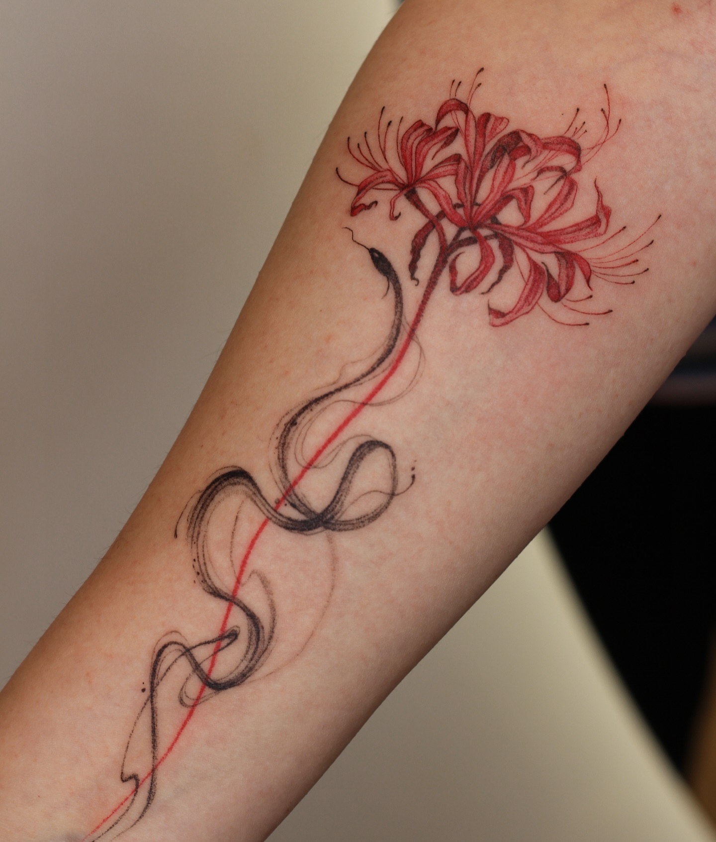 Snake & Spider lily for @kotryna_milo 💕
#tattoovilnius #vilniustattoo
#snaketattoo #vilnius
#flowertattoo