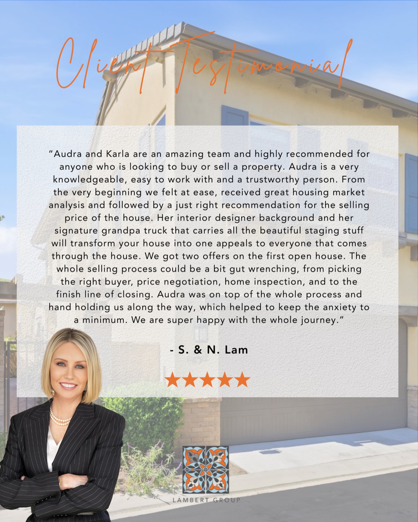 ✨ Reviews like this mean everything ✨
Helping our clients feel confident, supported, and genuinely taken care of throughout the entire process will always be the goal. Real estate can feel overwhelming at times, and knowing our clients felt at ease every step of the way is the greatest compliment we could receive.
From pricing strategy and staging to negotiations and closing, we’re committed to making sure every detail is handled with care and intention. And yes… the grandpa truck full of staging decor is always part of the process 😂🏡
So grateful for amazing clients and the trust they place in us. Congratulations again on a successful sale and thank you for the kind words 🧡
Audra Lambert | Realtor®
DRE 01909872
📞 (949) 697-2232
📧 audra@lambertgrouphomes.com
Realty One Group West
DRE: 02172339, 02226265, 01700814, 02198691, 02206550
#clienttestimonial #orangecountyrealestate #homeseller #ocrealtor #luxuryrealestate