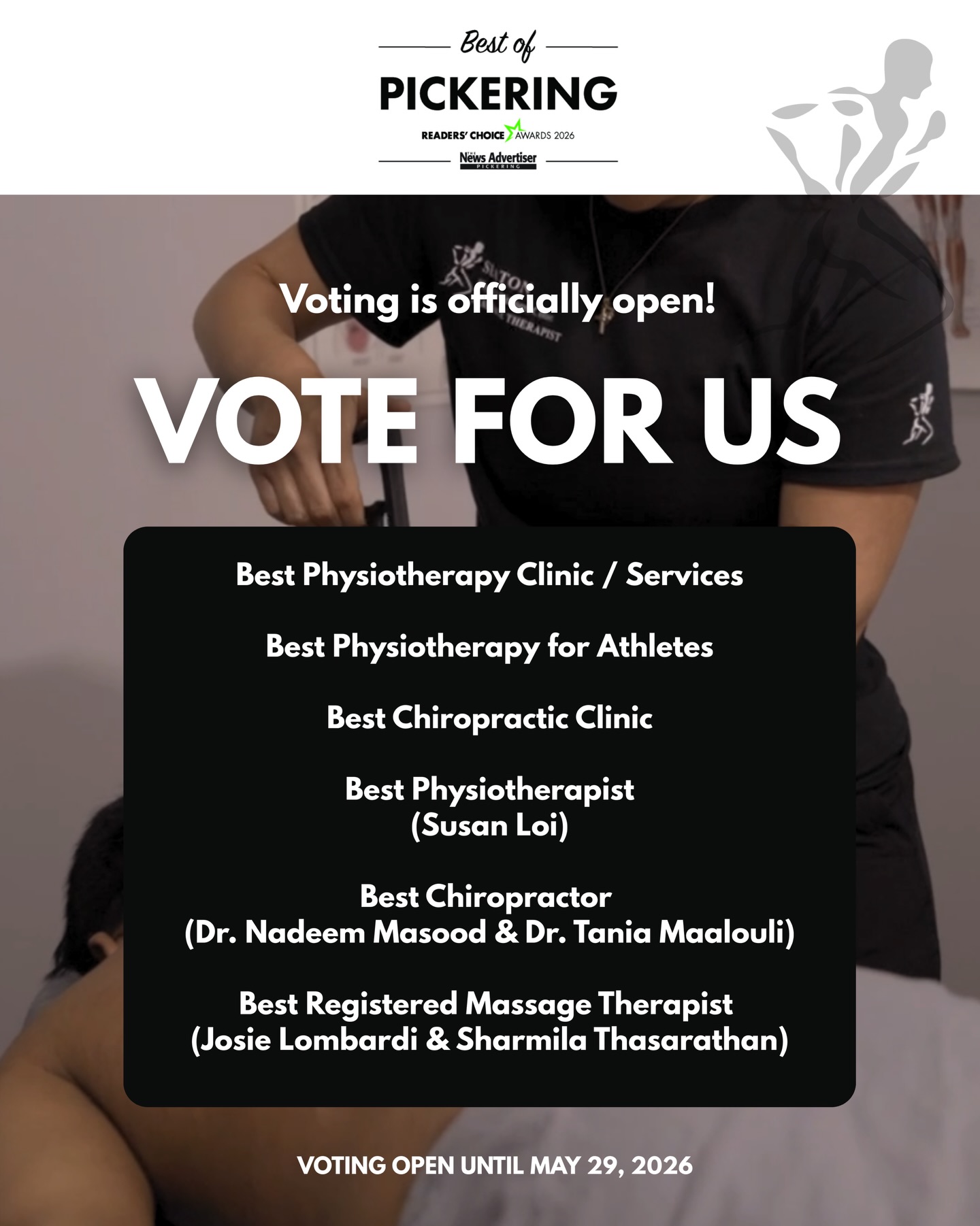 Voting has officially begun for the 2026 Readers’ Choice Awards!🏆
Now it’s time for the most important part — casting your vote! We are so grateful for every single nomination and would love your support to help us bring home the win!
We’re nominated in 6 Pickering Health & Wellness categories:
🏅Best Physiotherapy Clinic / Services
🏅Best Physiotherapy for Athletes
🏅Best Chiropractic Clinic
🏅Best Physiotherapist
🏅Best Chiropractor
🏅Best Registered Massage Therapist
HOW TO VOTE:
1. Tap the link in our bio! 🔗
2. Find us under the Pickering Health & Wellness categories.
3. Cast your votes!
Your health and wellness are our top priorities, and a vote for us is a vote for the dedicated care we strive to provide every single day. Every vote counts — thank you for your support! 🙌
#pickering #readerschoiceawards