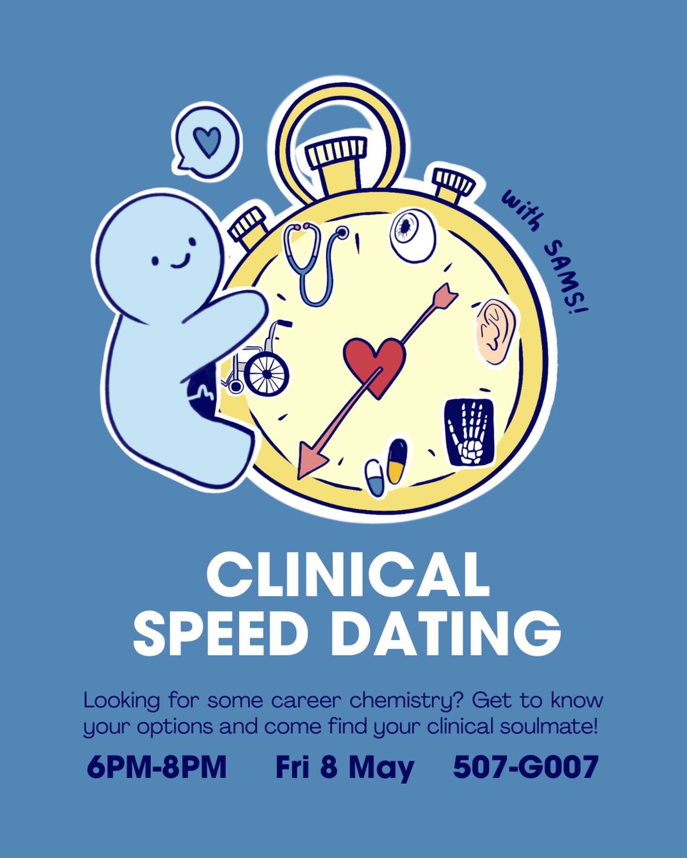 ๐ฉบ ๐ฆ๐๐ ๐ฆ ๐๐๐๐ก๐๐๐๐ ๐ฆ๐ฃ๐๐๐ ๐๐๐ง๐๐ก๐ ๐ฉบ
Unsure about which clinical path is YOUR path? Come discover it through SAMS โClinical Speed Datingโ event where we take you through a range of different clinical pathways, with the chance to speak directly to students and professionals from their respective programmes. ๐
This event is structured as a fast-paced, interactive format, where youโll rotate through brief and focussed conversations with speakers from Medicine ๐ฉบ, Optometry ๐, Pharmacy ๐, Medical Imaging ๐ฉป, Nursing ๐ฉน, Audiology ๐, and more!
๐๐ฒ๐๐ฎ๐ถ๐น๐:
๐
๐๐๐ง๐: Friday 8th May
โฐ ๐ง๐๐ ๐: 6pm - 8pm
๐ ๐๐ข๐๐๐ง๐๐ข๐ก: Grafton 507-G007
Think speed dating, but for your future โ a chance to ask questions, hear real experiences, and make connections that can help shape the next steps in your career! We hope to see you there! ๐
๐ SIGN UP FORM CAN BE FOUND IN OUR BIO (LINKTREE)