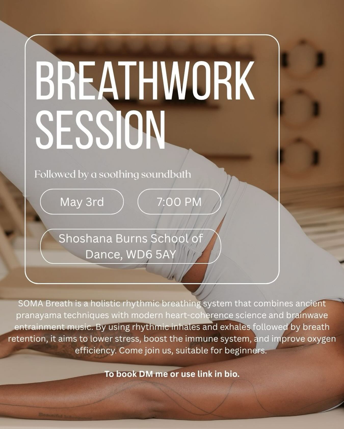 Next Sunday, limited tickets available. ❤️
Whether it’s your first time or 100th time there’s always a reason to do breathwork.
Come join me next week for a SOMA breathwork session followed by a Soundbath.
For more information and tickets which are only £20!!! You can DM me for the link to book or comment BREATHE below.
Thanks xx
#breathwork
#borehamwood
#shenley
