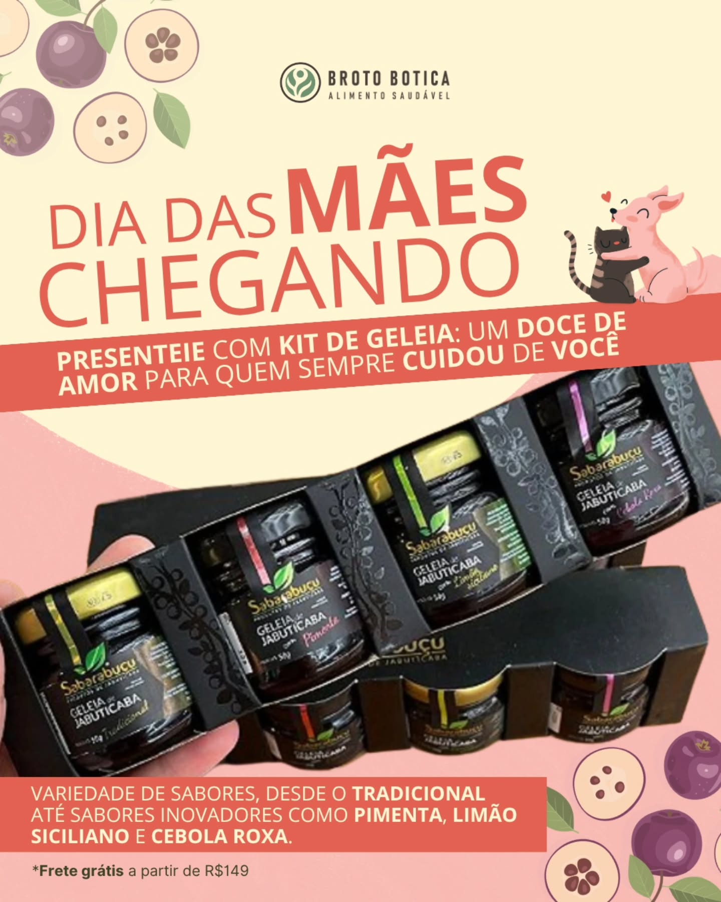 Dia das Mães chegando: um presente tão doce quanto o amor dela! ❤️
Surpreenda com o nosso Kit de Geleias de Jabuticaba. Uma seleção artesanal com quatro sabores diferentes:
💜 Tradicional (o clássico irresistível)
💜 Com Pimenta (um toque picante)
💜 Com Limão Siciliano (frescor cítrico)
💜 Com Cebola Roxa (perfeito para harmonizações)
📩 Clique no link da bio e garanta o seu kit agora.
🚚 Frete GRÁTIS em compras a partir de R$ 149!
#DiaDasMaes #PresenteCriativo #GeleiaArtesanal #Jabuticaba #Gastronomia