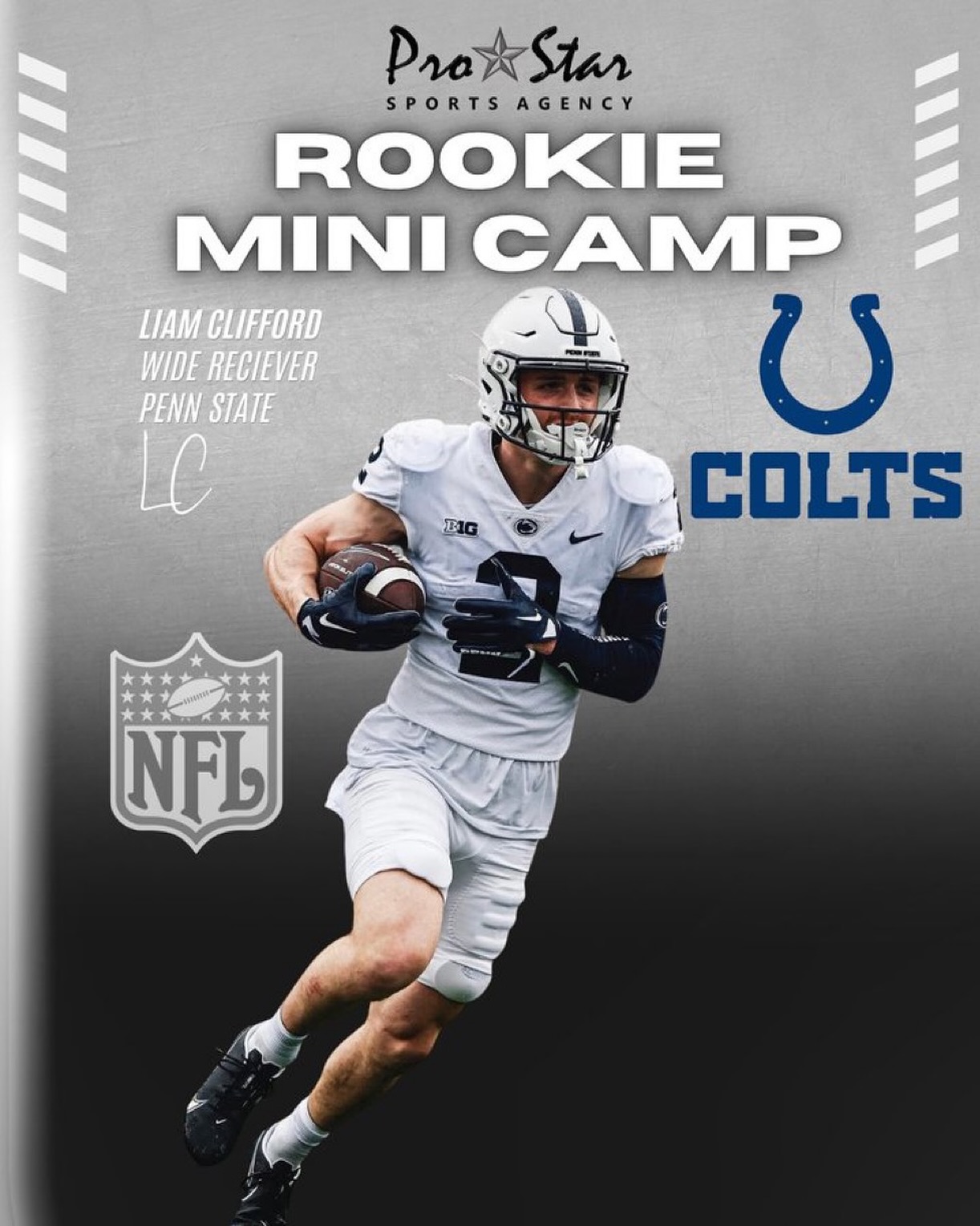 LET’S GO! Congratulations to @pennstatefball @liamcliff2 on earning an invite to the @colts RMC! Liam is an incredible athlete and was a “do everything” player for the Nittany Lions who has played WR, QB and special teams! #ProStarFamily