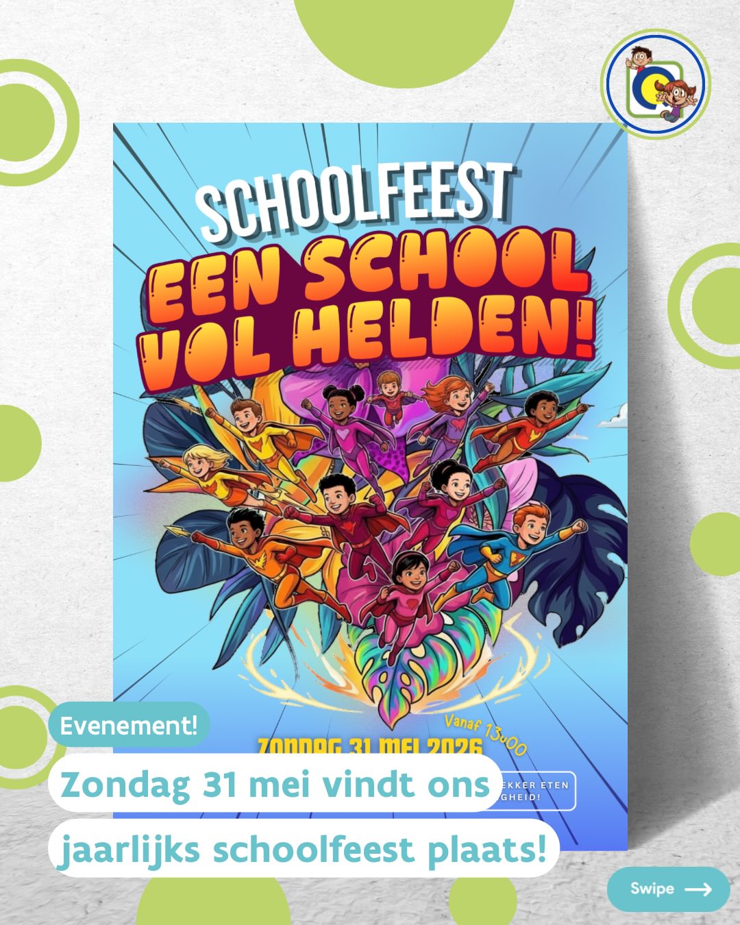 Zondag 31 mei vieren we ons jaarlijkse schoolfeest! Het thema dit jaar is ‘Een school vol helden!’
We beginnen om 13u00 en je kunt genieten van:
⭐ Optredens van alle klassen + het team
🎲 Springkastelen en leuke spelletjes
🍔 Bicky’s, gebak en drankjes
Dit is de perfecte gelegenheid om te genieten van een dag vol plezier! Samen maken we er een onvergetelijke dag van!
#schoolfeest #fieroponsgo #goscholengroepxpert #teamxpert #BSdeBrug