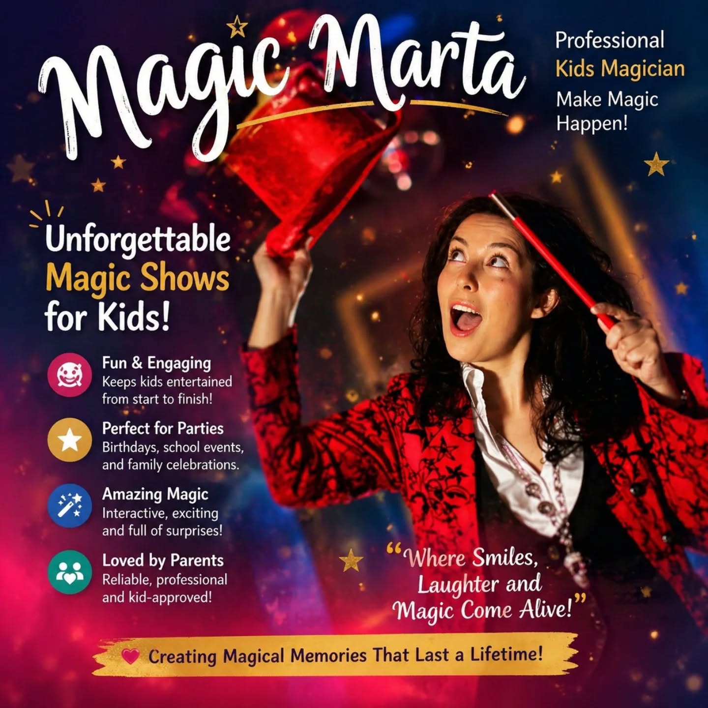Turn your child’s party into a magical experience with Magic Marta
Perfect for birthdays, school events, and family celebrations. Fun, interactive, and full of wonder
Book Magic Marta today and bring the magic to your next event ⭐⭐⭐⭐⭐
#MagicMarta #KidsMagicShow #BirthdayPartyFun #PartyEntertainment #KidsEvents