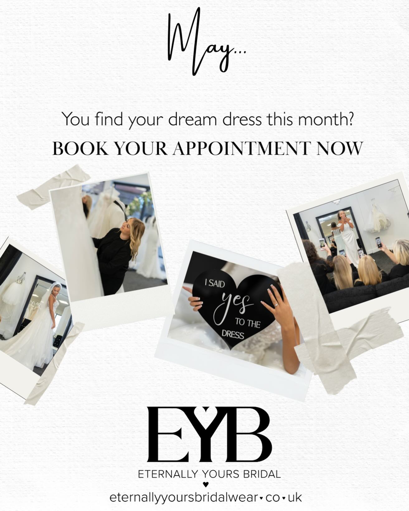 HELLO MAY 👋
May you find your dress at EYB this month?
We can’t wait to meet lots of new brides to be. Say yes to the dress and become an EYB queen. Come and sit on our throne, let us take a Polaroid pic of you and join our picture wall!
May is your month ✨🥂💍
Dm us NOW to book!
Remember it can take 8 months for your dress to arrive into the boutique after you have said yes! So if you want to make sure you have access to ALL of the dresses we have here it is best to book in sooner rather than later to avoid disappointment 🖤
#newbride #bridetobe #engaged #weddingdress #engagedlife