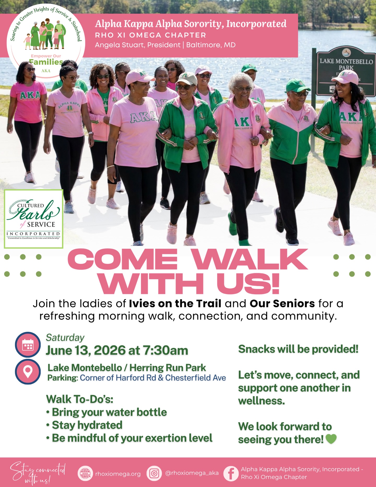 ๐ฟ Come Walk With Us! ๐ฟ
Join the ladies of AKA Rho Xi Omega for a refreshing morning of movement, connection, and community.
๐
Date: June 13, 2026
โฐ Time: 7:30 AM
๐ Location: Lake Montebello/Herring Run Park
๐ Parking: Corner of Harford Road & Chesterfield Avenue
๐ง Walk To-Doโs:
โข Bring your water bottle
โข Stay hydrated
โข Be mindful of your exertion level
๐ Snacks will be provided!
Letโs move with intention, connect in sisterhood, and prioritize our wellness together. We canโt wait to see you there. ๐ #AKA1908 #RXO1988 #AKAOurSeniors
