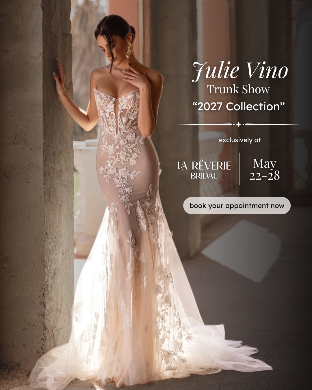 Julie Vino is coming to La Rêverie, and we’re so excited to finally share it.
For one week only, our brides will have exclusive access to the Julie Vino 2027 Collection during our trunk show from May 22–28.
Expect beautifully structured gowns, delicate lace, romantic silhouettes, and intricate beading that feels even more breathtaking in person. It’s a collection filled with detail, softness, and unforgettable pieces made for brides who want something truly special.
Our stylists will be guiding appointments throughout the week, helping each bride find the gown that feels most like her.
Appointments are limited. Book your private bridal appointment now to experience Julie Vino at La Rêverie.
#LaReverieBridal #JulieVino #JulieVinoBride #MiamiBride #BridalTrunkShow #LuxuryBridal #WeddingDressShopping