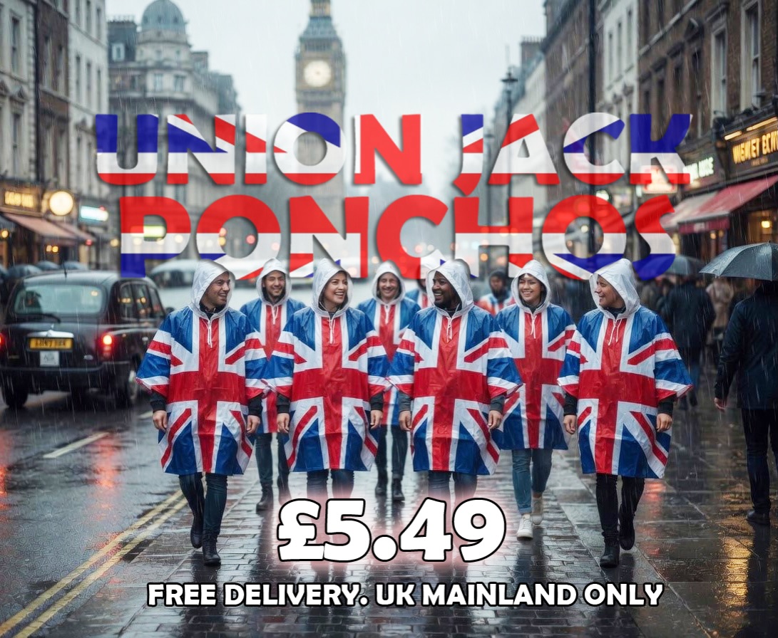 Union Jack ponchos available. Check out our website in the LINK IN OUT BIO 🇬🇧