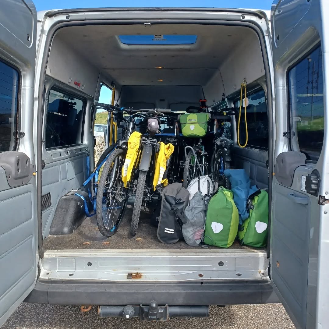 A full load for transfer today, 8 bikes and 2 riders heading from Berneray to Eriskay - let's hope we make the ferry.