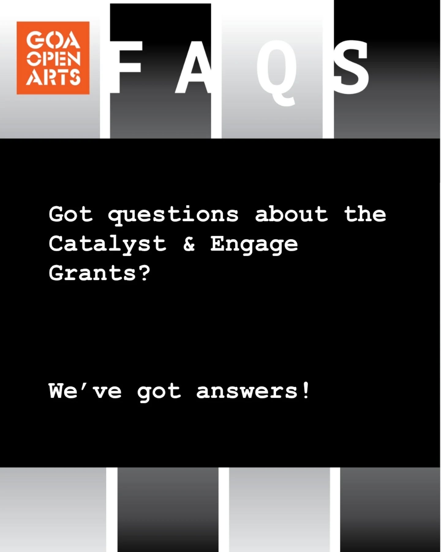 Working on an idea but not sure how it fits? 🤔
We’ve put together a quick FAQ to walk you through the Catalyst & Engage Grants.
Everything you need to move forward is right here ✨
Dive in and start building your application 📝
Questions still on your mind? Write to us, we’d love to hear from you 💬
goaopenarts@gmail.com
www.goaopenarts.com 🌐