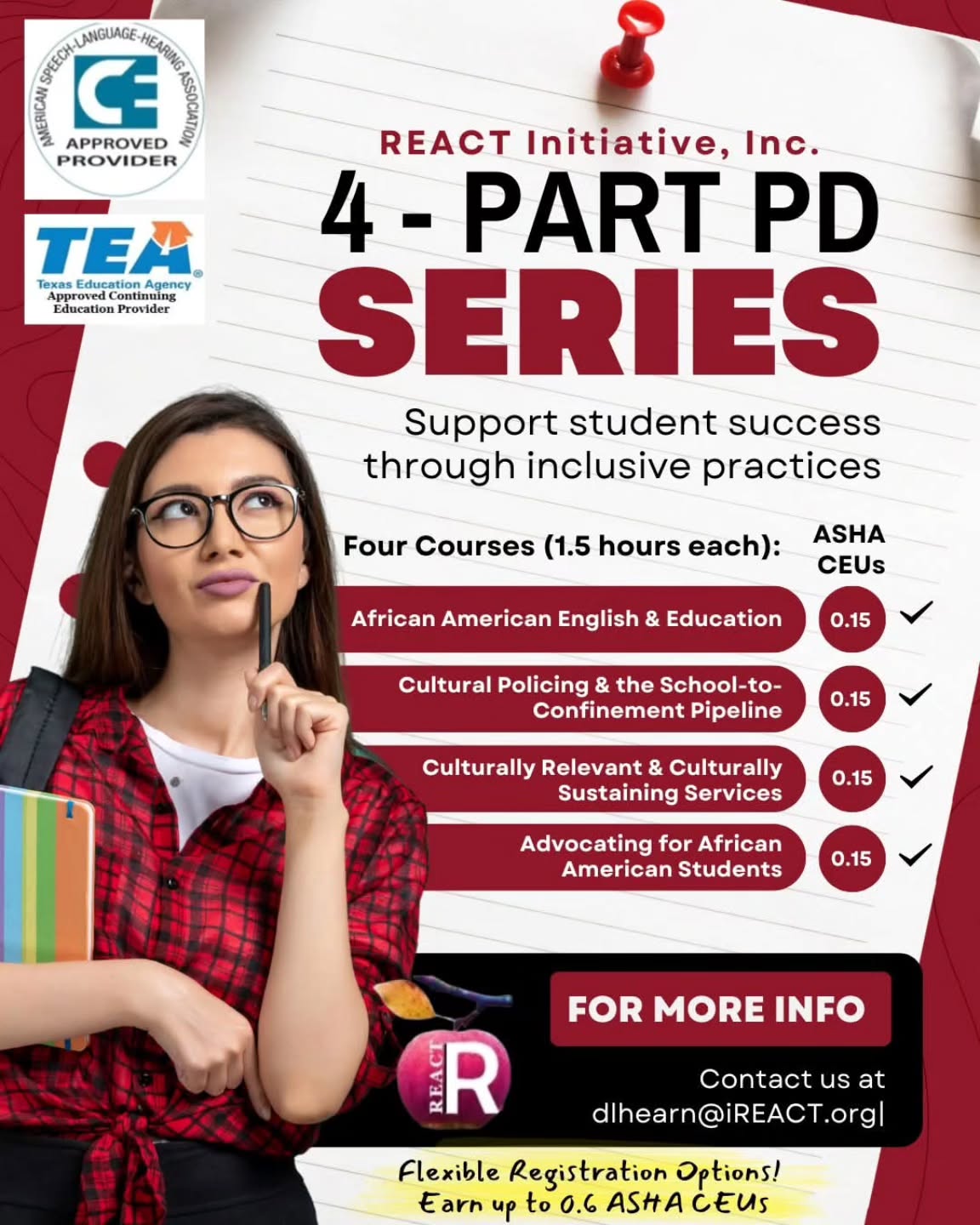 Last minute… and I already know... but...
REACT is hosting a 4-session PD series designed to support student success through inclusive practices—and yes, we’re making it happen during the workday.
🗓 Dates: Thursday 5/7 & Thursday 5/14
⏰ Format: 4 sessions completed across 2 days
📚 Content:
• African American English & Education
• Cultural Policing & the School-to-Confinement Pipeline
• Culturally Relevant & Culturally Sustaining Services
• Advocating for African American Students
💡 Earn up to 0.6 ASHA CEUs
💰 Cost:
• $275 for the full series
• $75 per individual session
Flexible registration options available.
If you’ve been meaning to deepen your practice in ways that actually support AAE-speaking students—this is your moment.
Interested?
Reach out for more info. dlhearn@iREACT.org
#respectthedialect #continuingeducation #professionaldevelopment #training #ASHACEUs