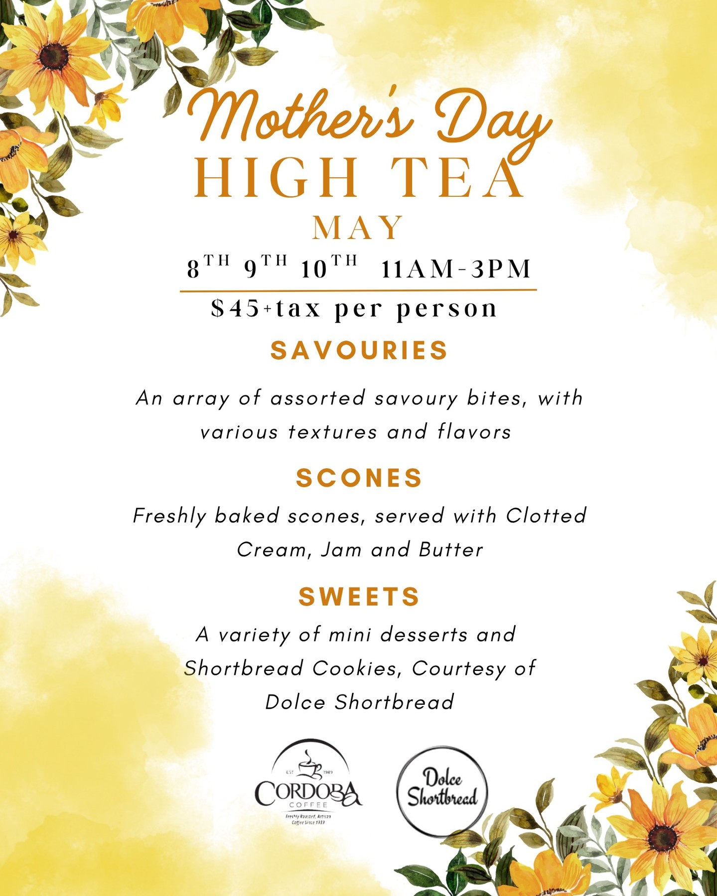 Join us for Mothers Day High Tea!
May 8th, 9th and 10th. Seating starts at 11am email cafe@cordobacoffee.ca to book your reservation
#supportlocal #coffee #hightea