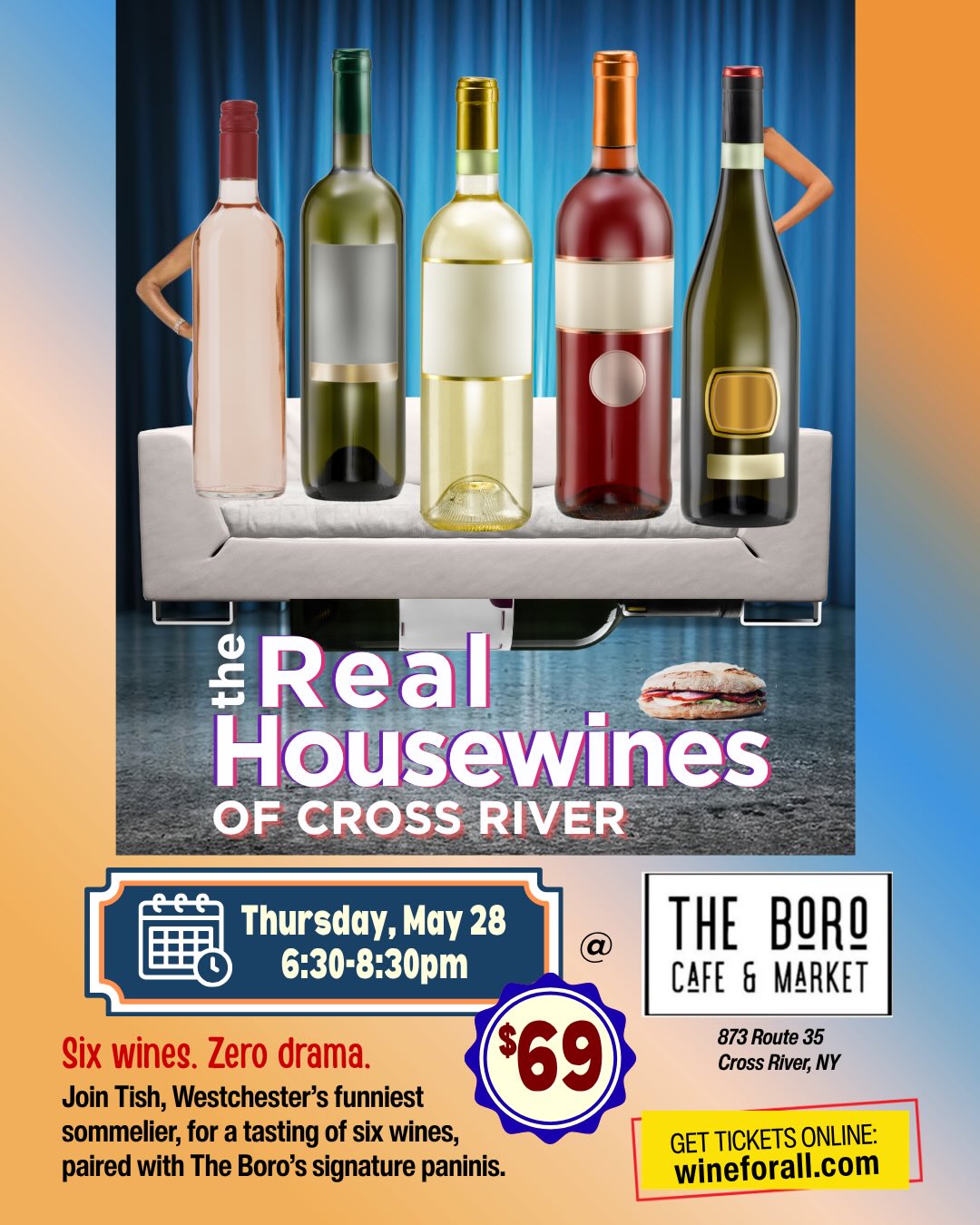 Sliding right into our next wine+comedy mash-up: Thursday May 28th at @theborocafe, which has quietly become one of the hippest hangouts in northern #Westchester. The Real Housewines of Cross River are wicked good – and built for fun. We’ll be pairing 6 wines with The Boro’s artisan paninis. Bring a gaggle of friends! Tix: $69 all-inclusive — online at wineforall dot com.