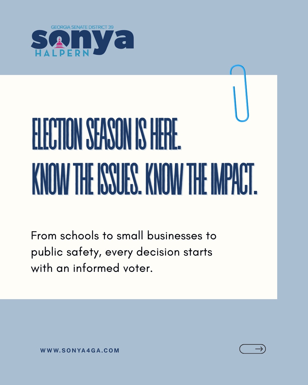 Election season is here—and it’s bigger than just a date on the calendar. It’s a chance to get informed, ask the right questions, and stand up for what matters most in our communities.
From education to small business growth to public safety, the decisions being made directly impact our everyday lives. That’s why staying informed isn’t optional—it’s essential.
When you know the issues, you understand the impact. And when you understand the impact, your voice becomes powerful.
Make sure you’re ready to use it. 🗳️
#ElectionSeason #StayInformed #CommunityMatters #Sonya4ga #GeorgiaPolitics